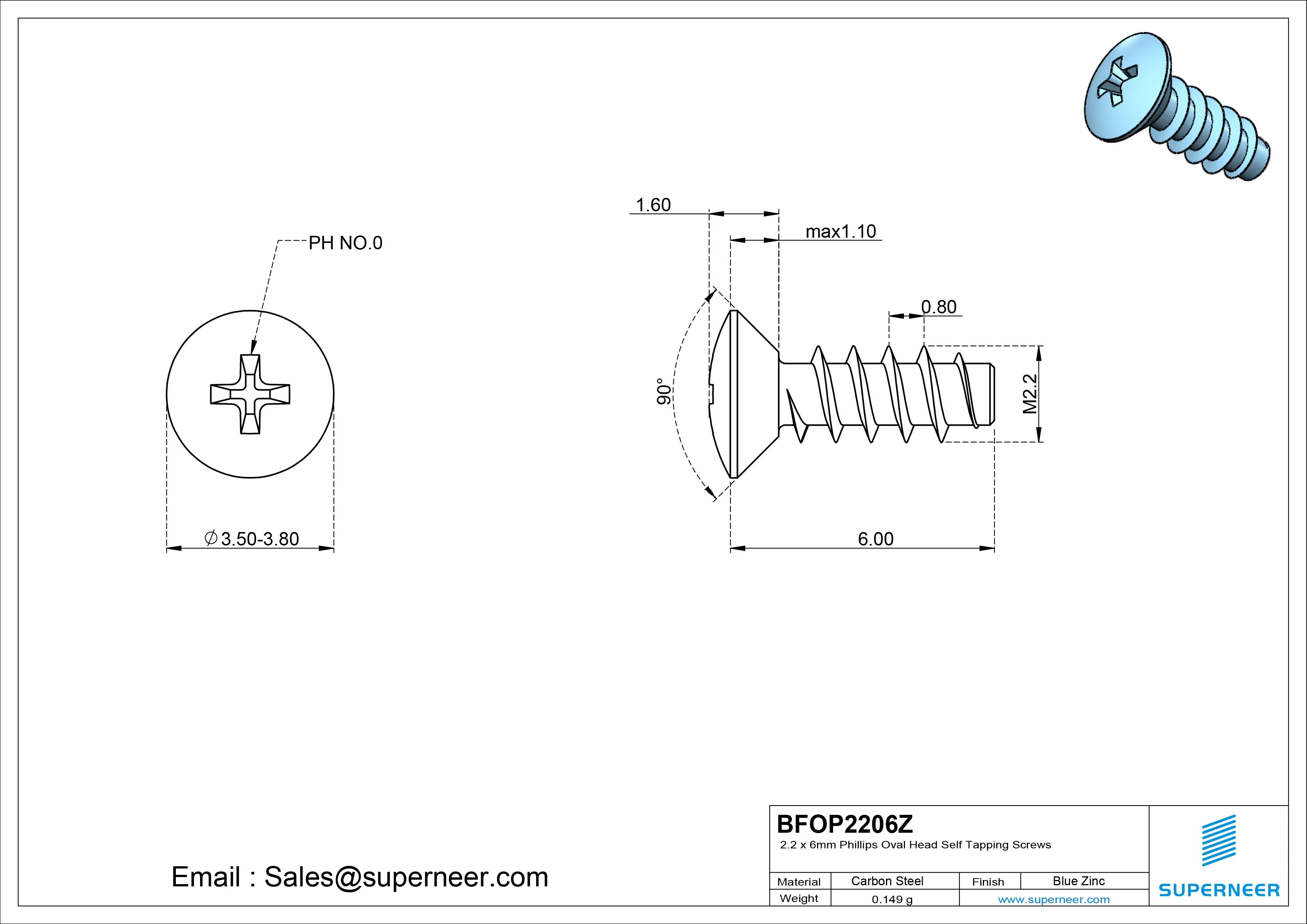 2.2 x 6mm Phillips Oval Head Self Tapping Screws Steel Blue Zinc Plated
