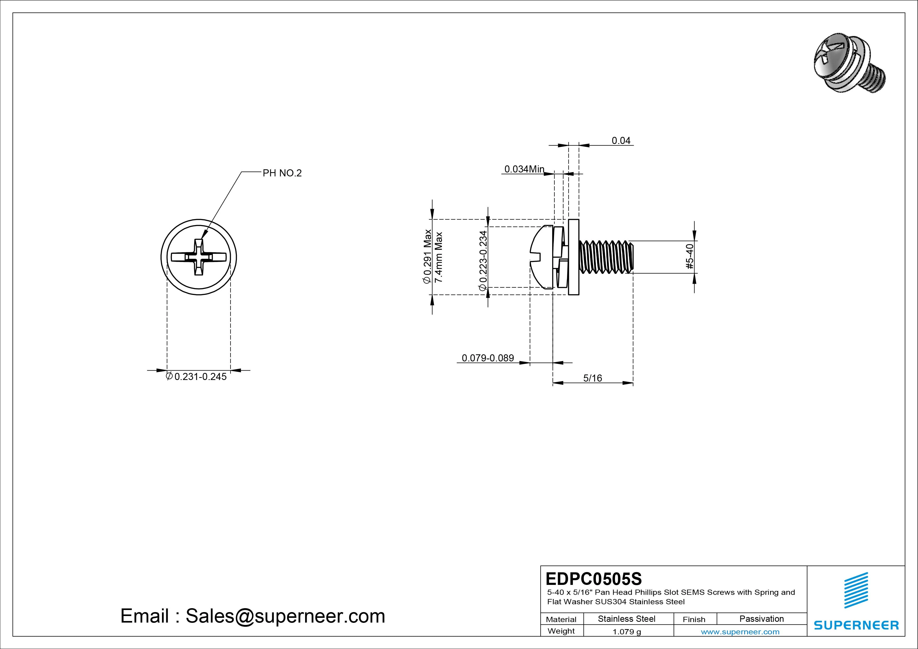 5-40 x 5/16" Pan Head Phillips Slot SEMS Screws with Spring and Flat Washer SUS304 Stainless Steel Inox