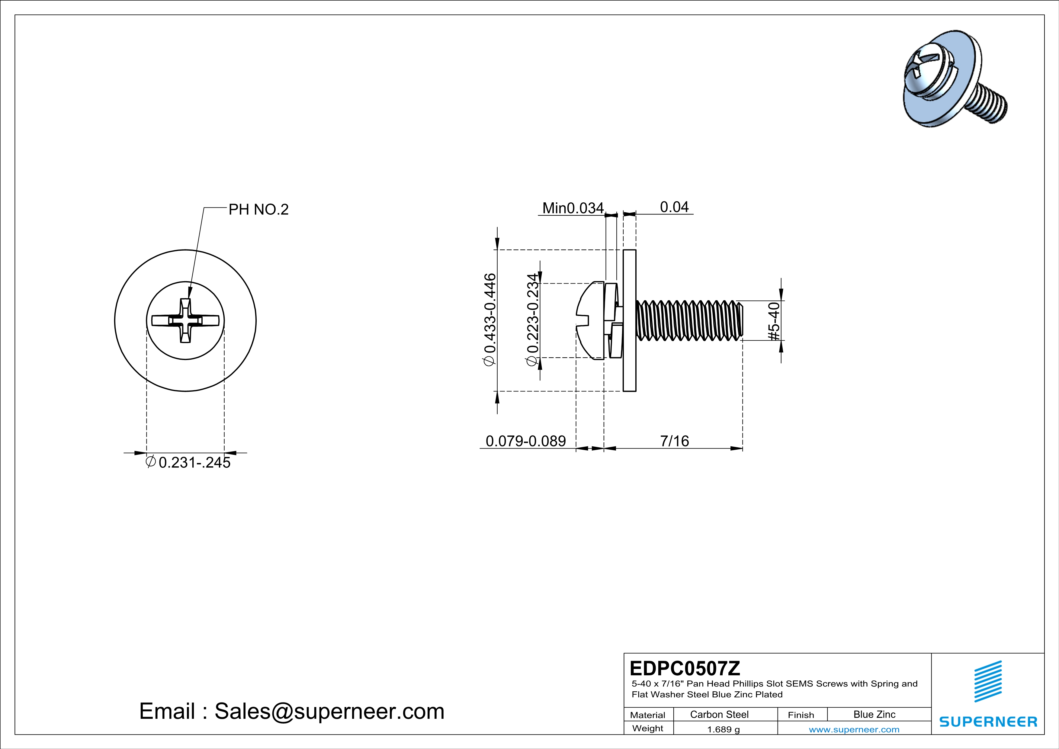 5-40 x 7/16" Pan Head Phillips Slot SEMS Screws with Spring and Flat Washer Steel Blue Zinc Plated