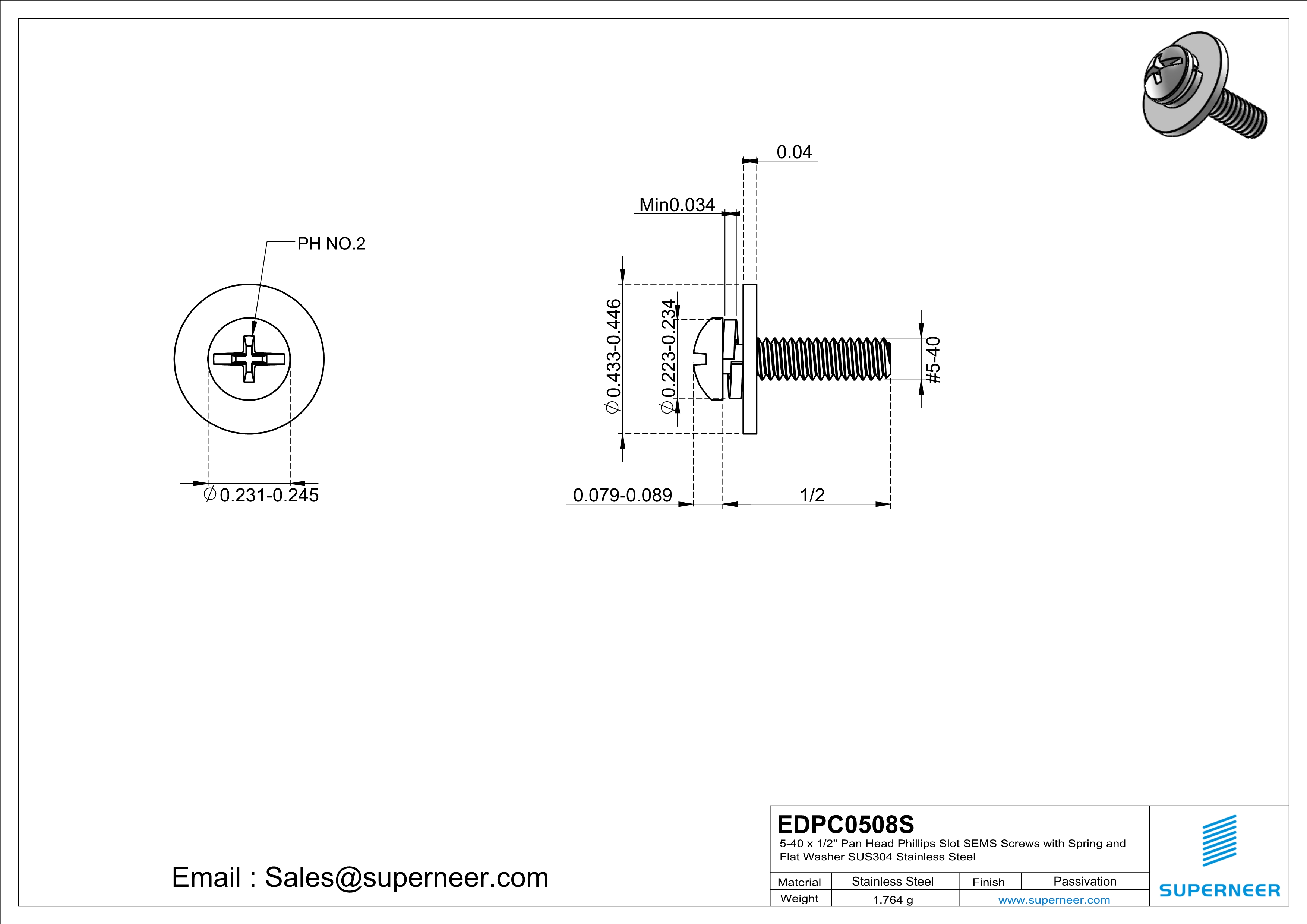 5-40 x 1/2" Pan Head Phillips Slot SEMS Screws with Spring and Flat Washer SUS304 Stainless Steel Inox