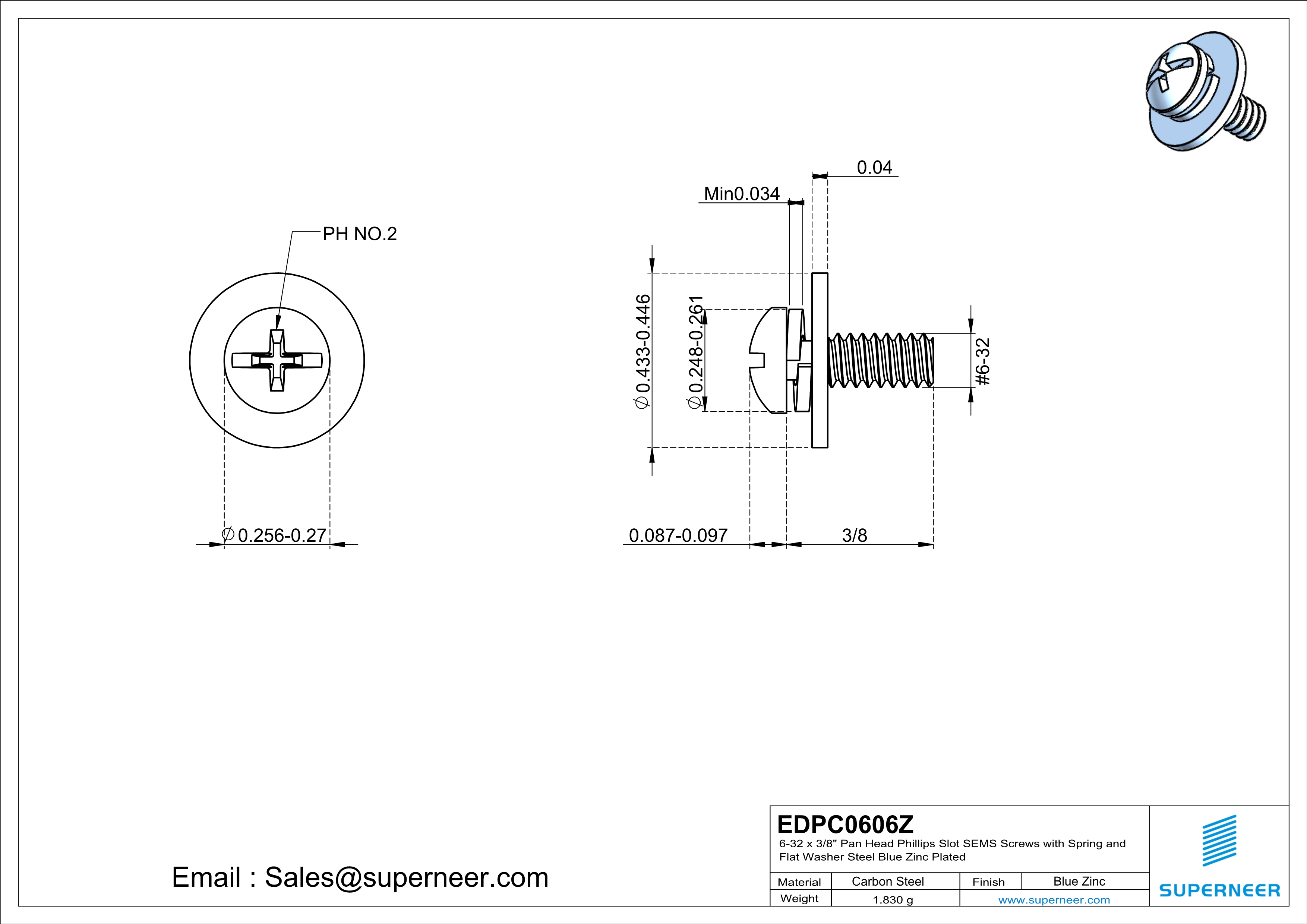 6-32 x 3/8" Pan Head Phillips Slot SEMS Screws with Spring and Flat Washer Steel Blue Zinc Plated