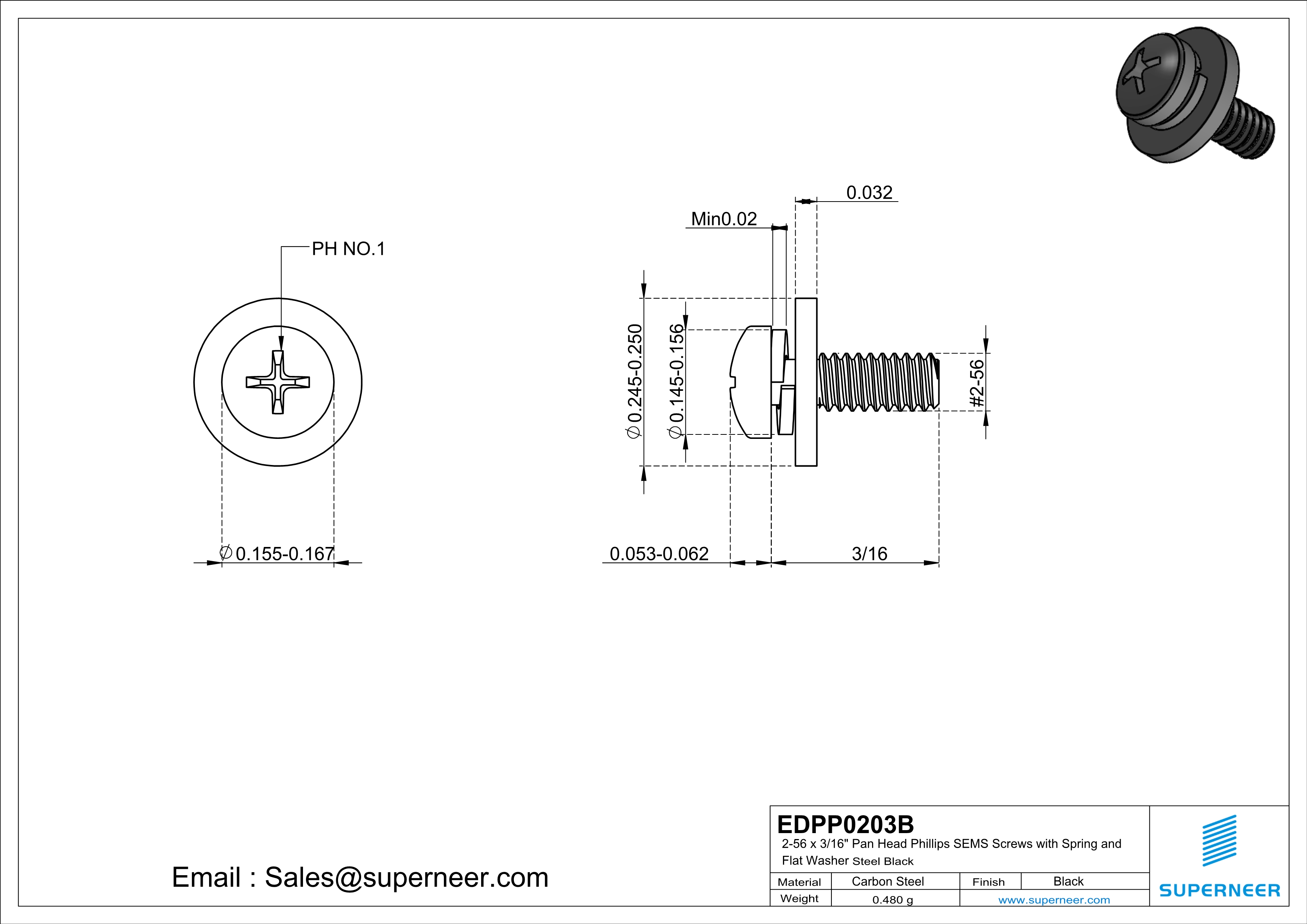 2-56 x 3/16" Pan Head Phillips SEMS Screws with Spring and Flat Washer Steel Black