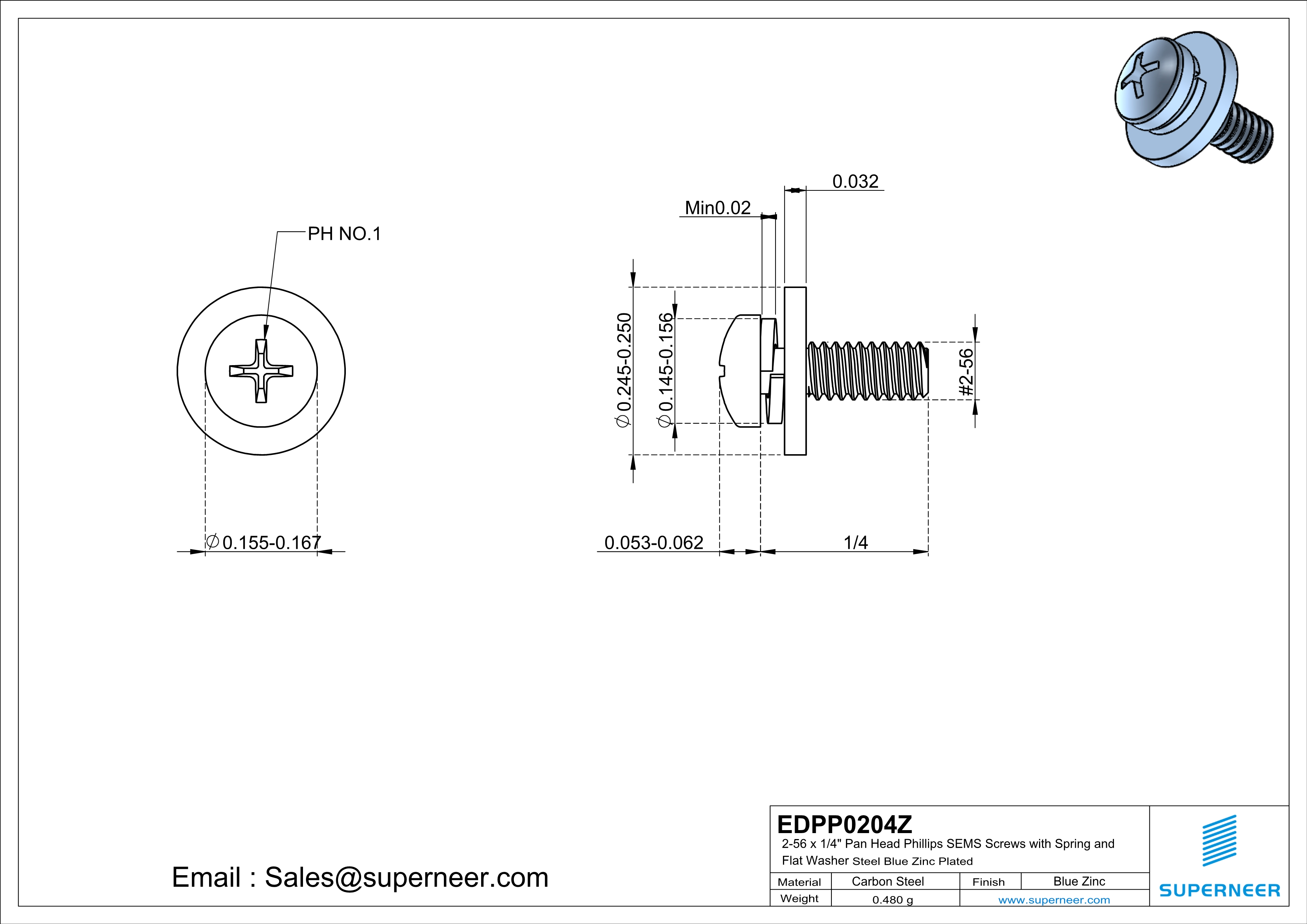 2-56 x 1/4" Pan Head Phillips SEMS Screws with Spring and Flat Washer Steel Blue Zinc Plated