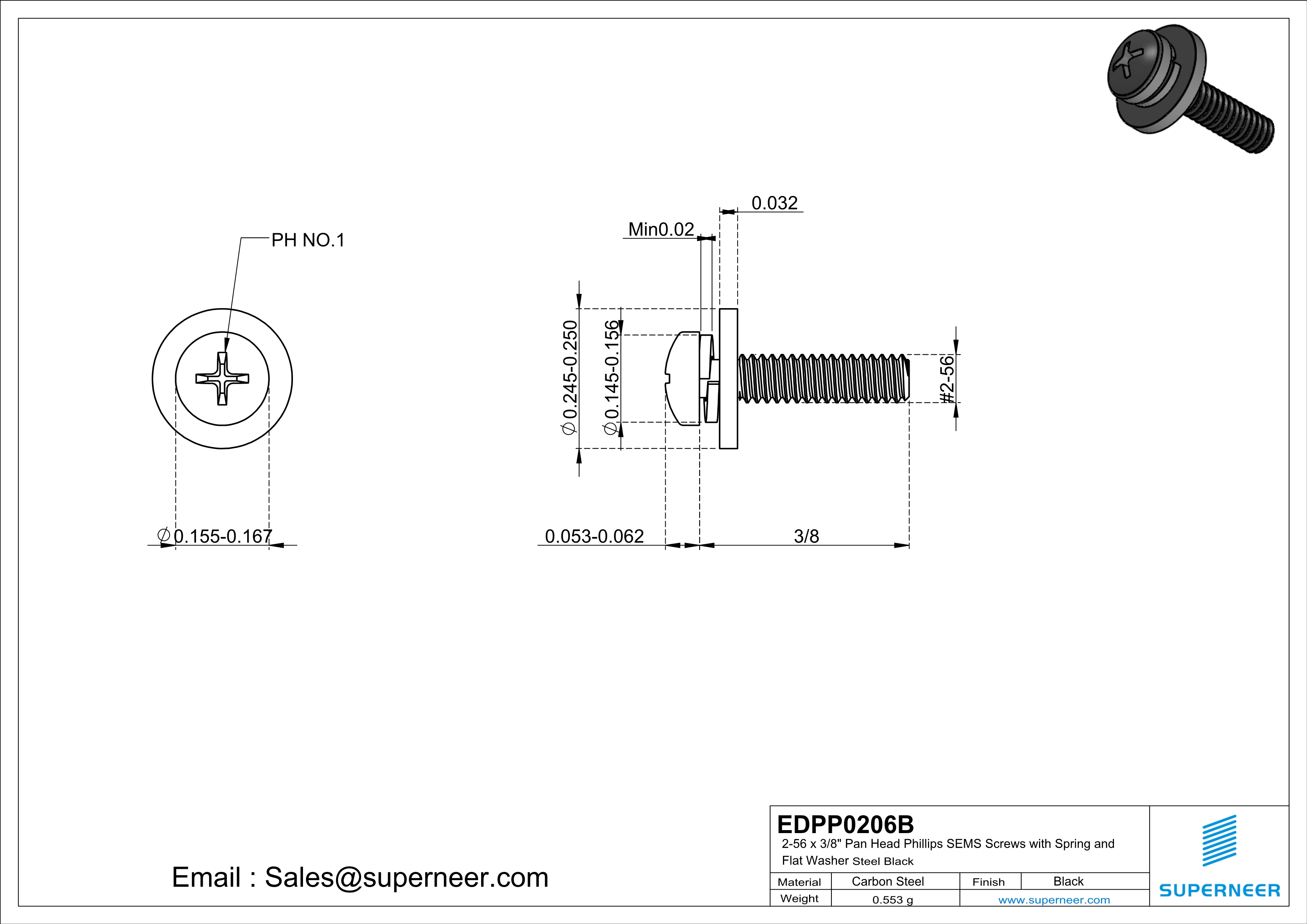 2-56 x 3/8" Pan Head Phillips SEMS Screws with Spring and Flat Washer Steel Black