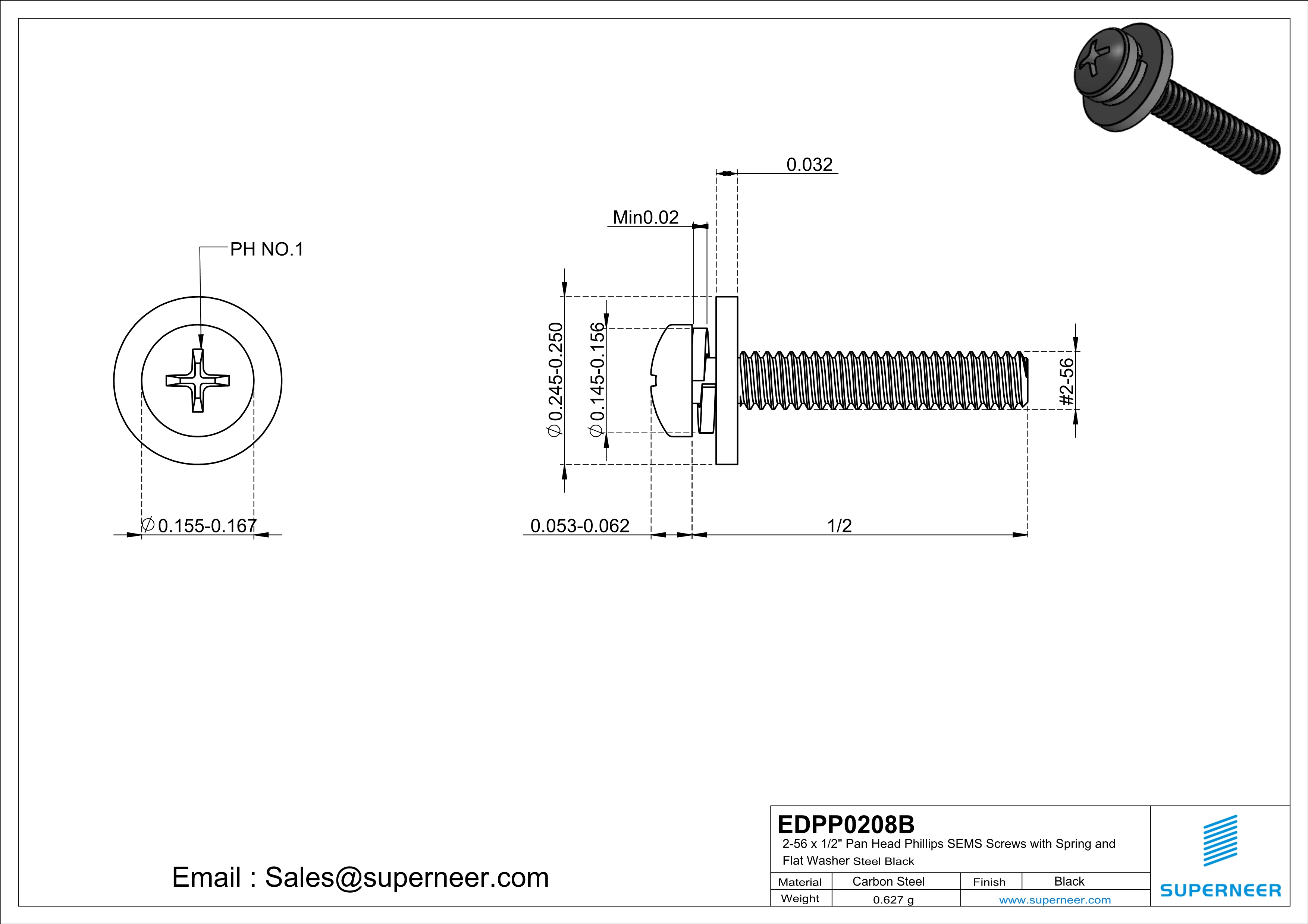 2-56 x 1/2" Pan Head Phillips SEMS Screws with Spring and Flat Washer Steel Black