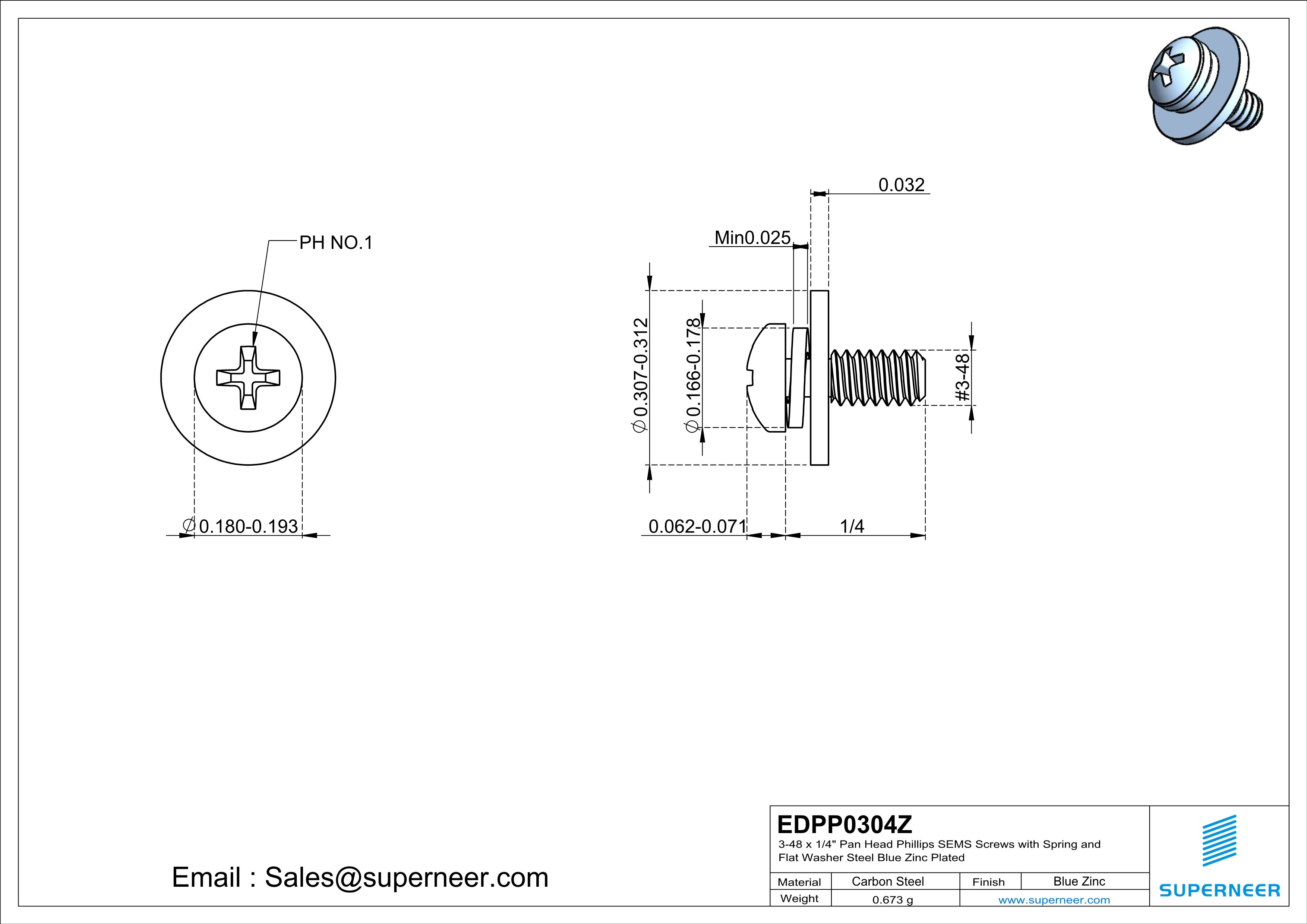 3-48 x 1/4" Pan Head Phillips SEMS Screws with Spring and Flat Washer Steel Blue Zinc Plated