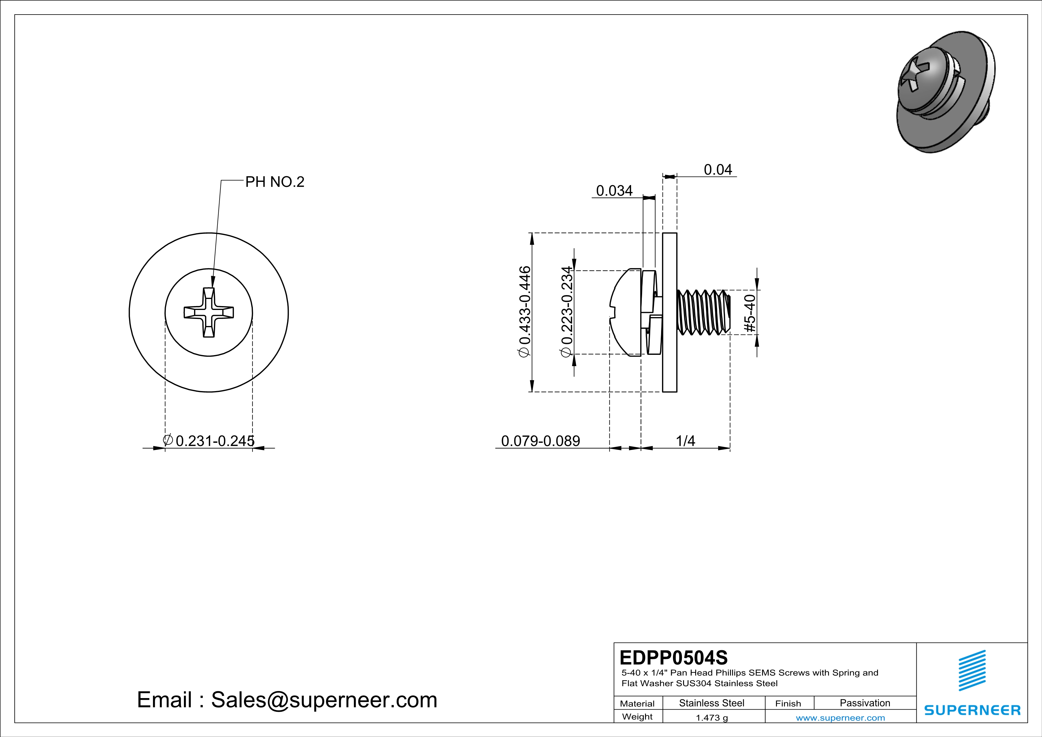 5-40 x 1/4" Pan Head Phillips SEMS Screws with Spring and Flat Washer SUS304 Stainless Steel Inox