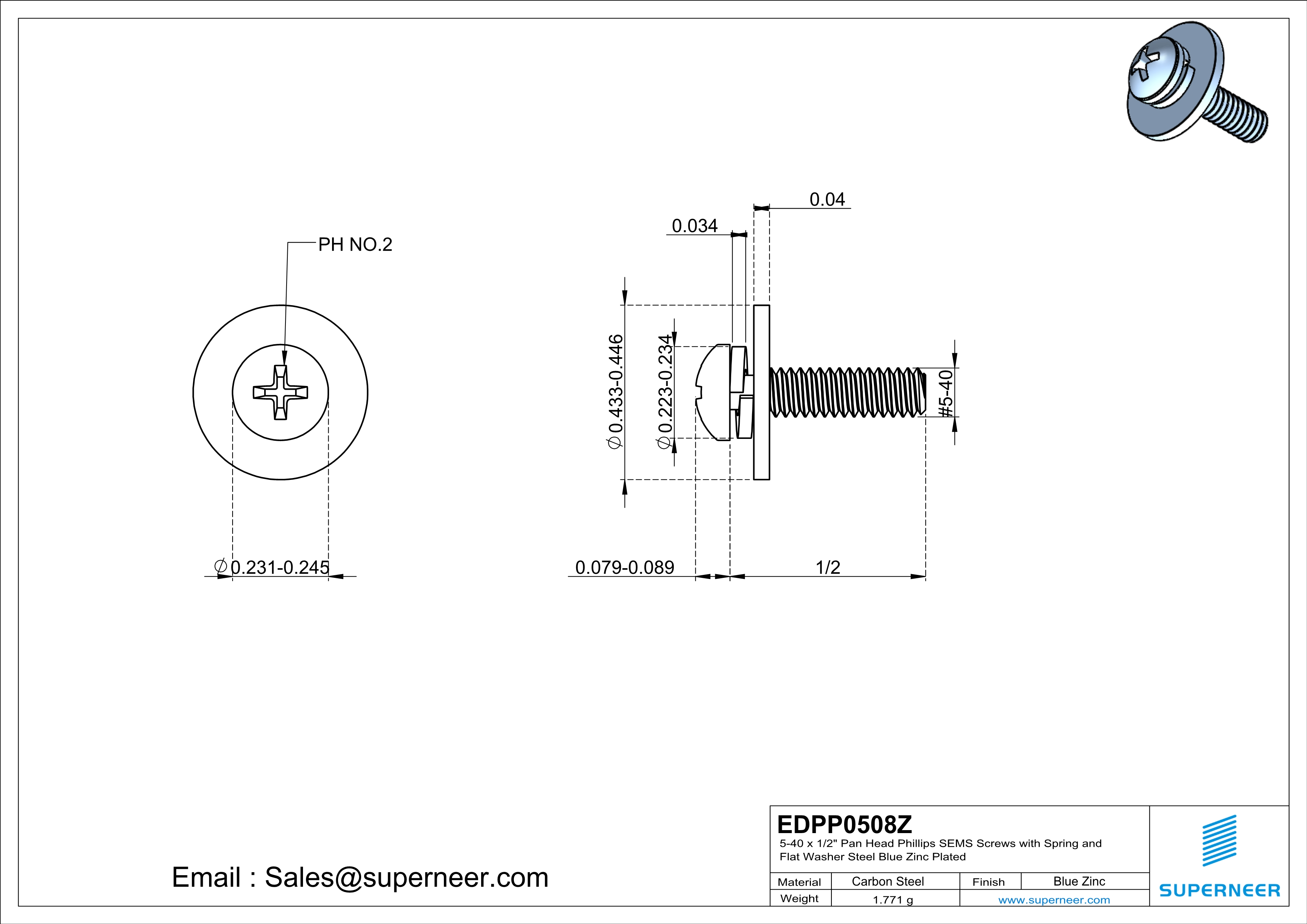 5-40 x 1/2" Pan Head Phillips SEMS Screws with Spring and Flat Washer Steel Blue Zinc Plated