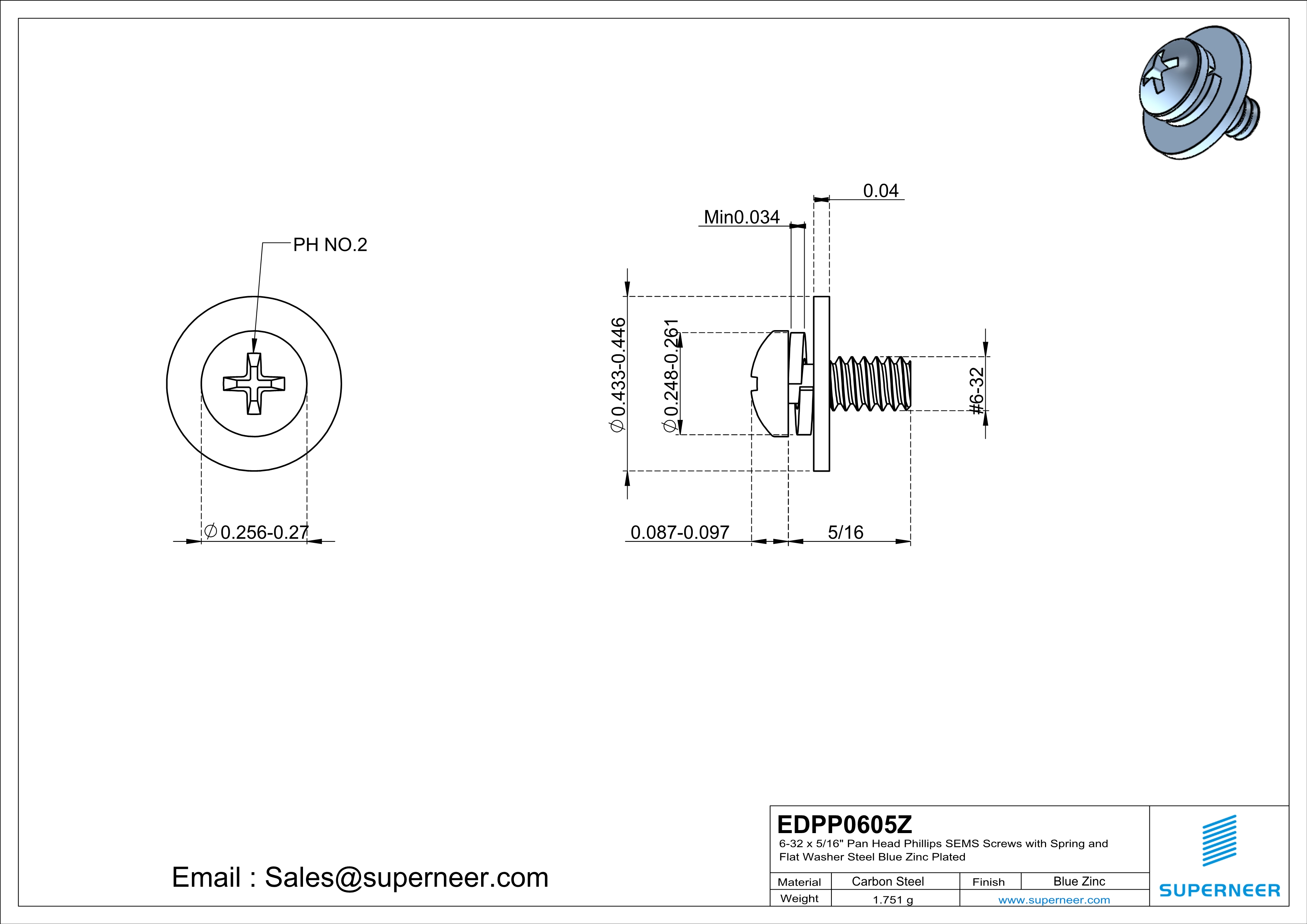 6-32 x 5/16" Pan Head Phillips SEMS Screws with Spring and Flat Washer Steel Blue Zinc Plated