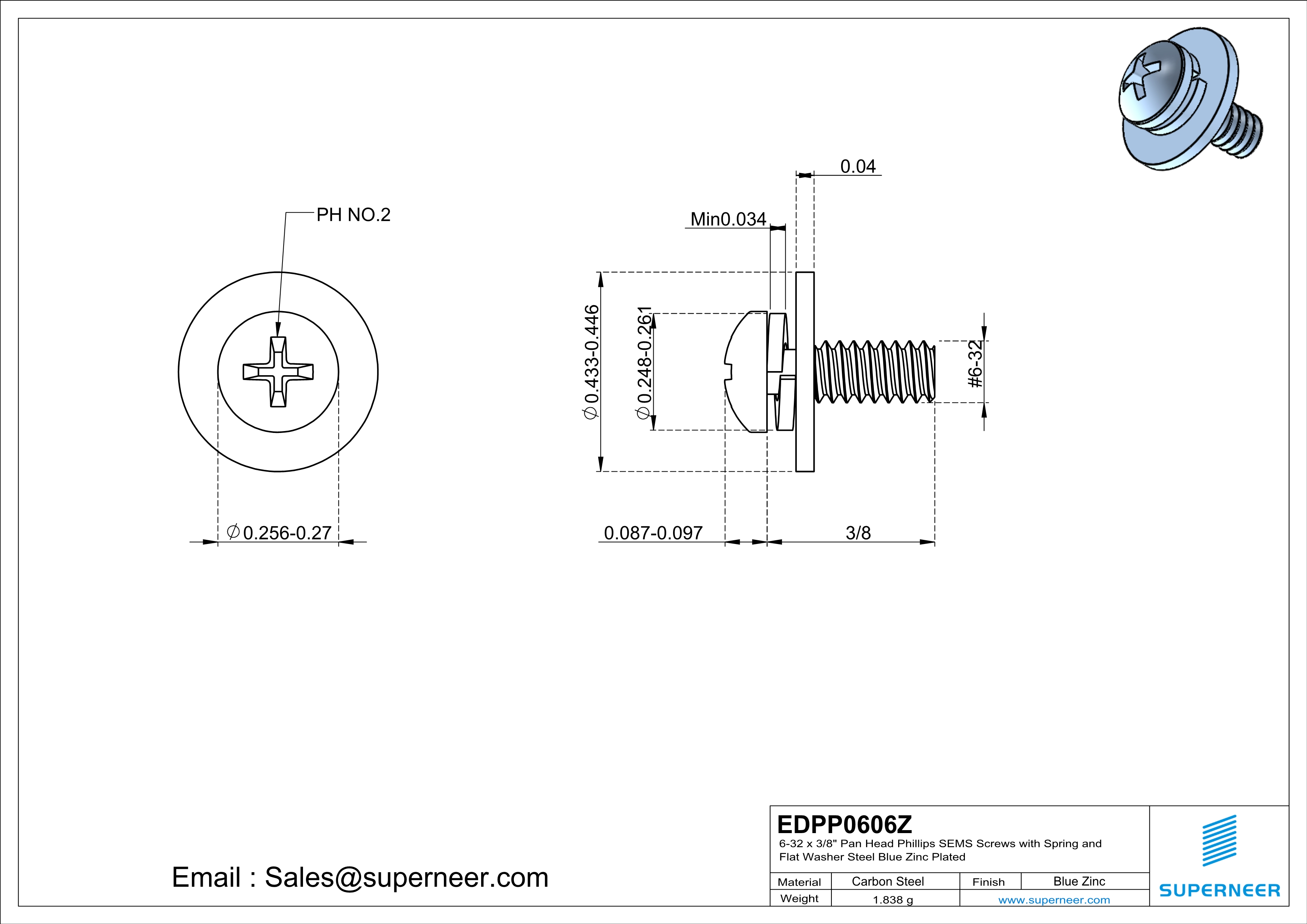 6-32 x 3/8" Pan Head Phillips SEMS Screws with Spring and Flat Washer Steel Blue Zinc Plated