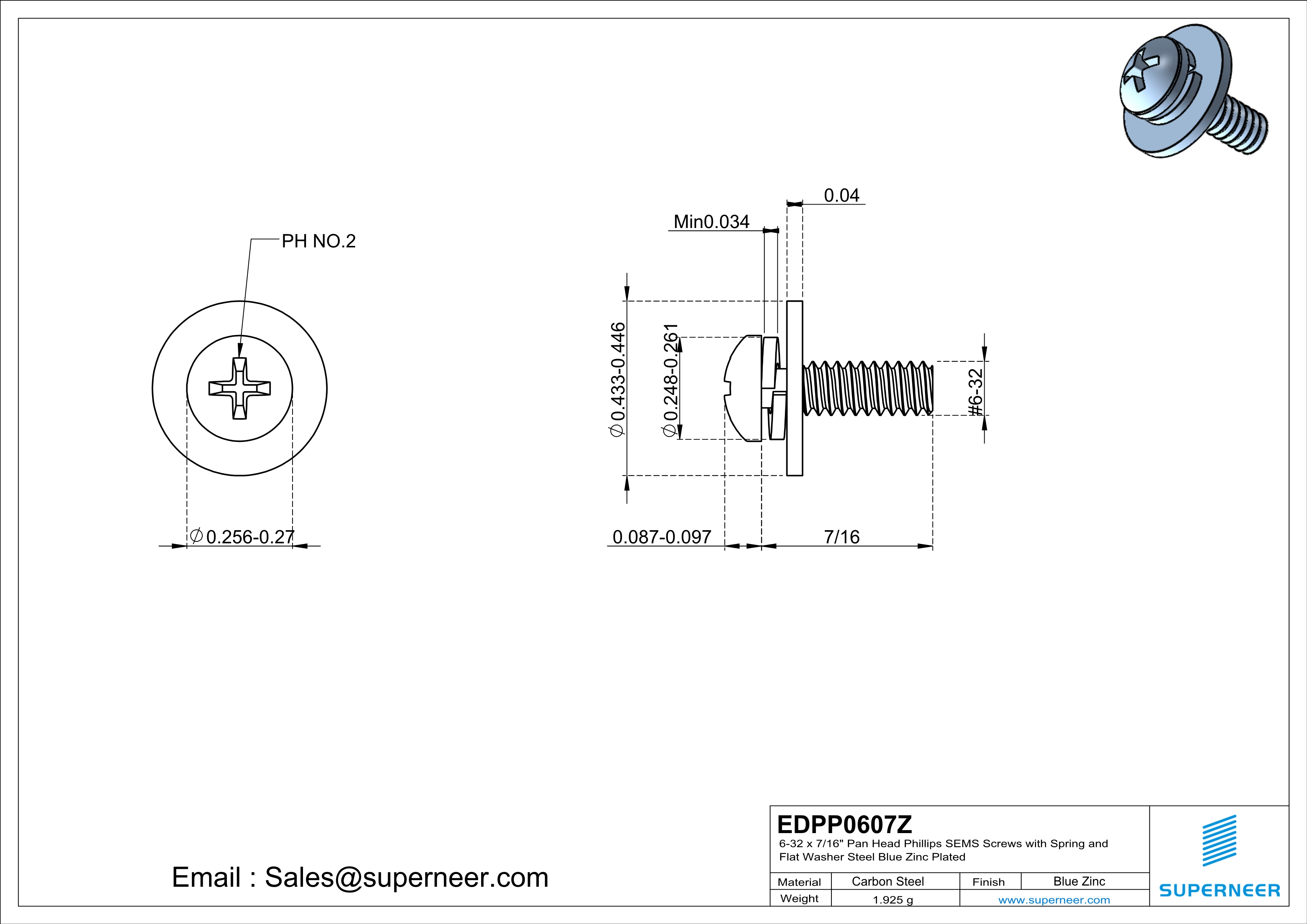 6-32 x 7/16" Pan Head Phillips SEMS Screws with Spring and Flat Washer Steel Blue Zinc Plated