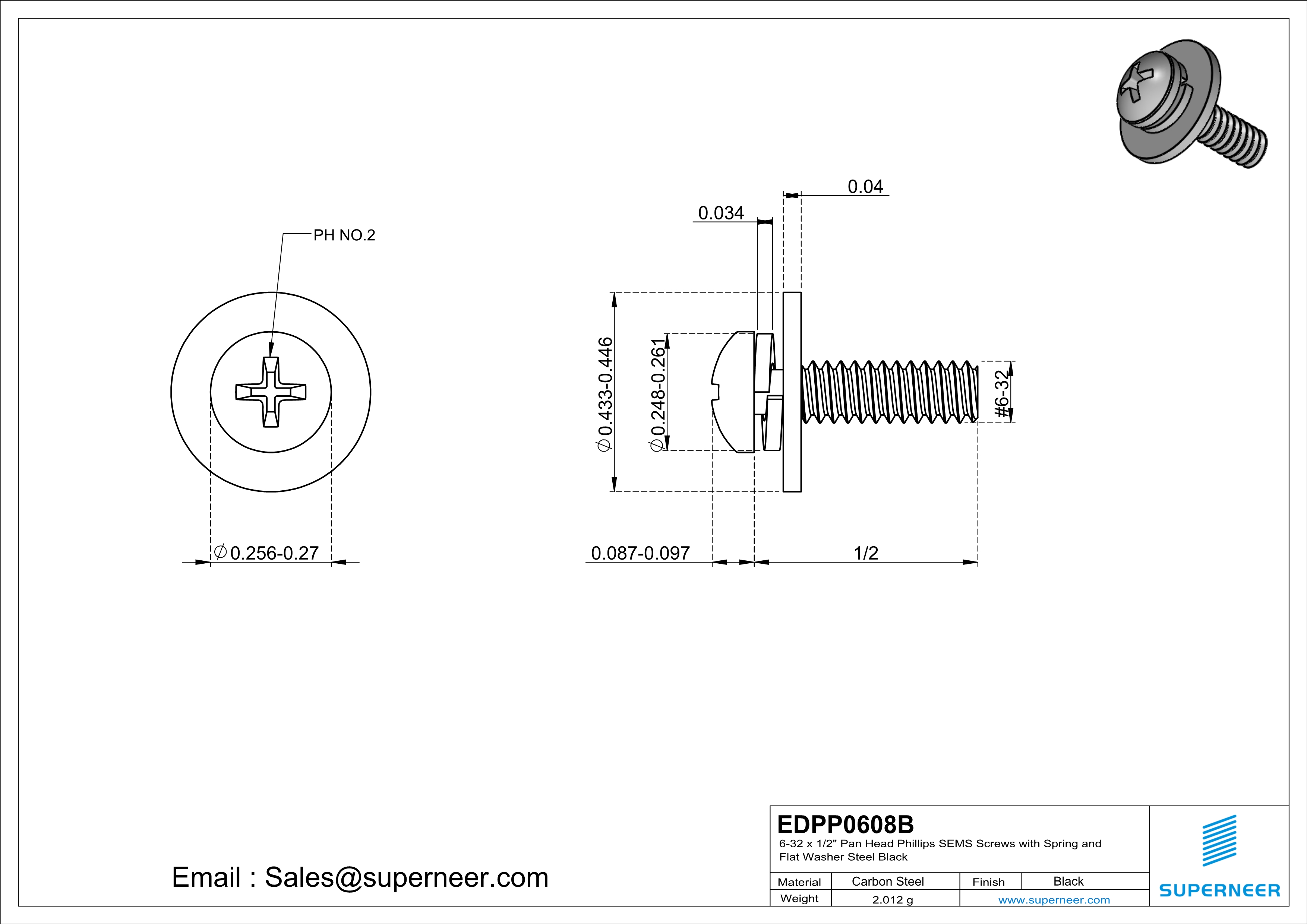 6-32 x 1/2" Pan Head Phillips SEMS Screws with Spring and Flat Washer Steel Black