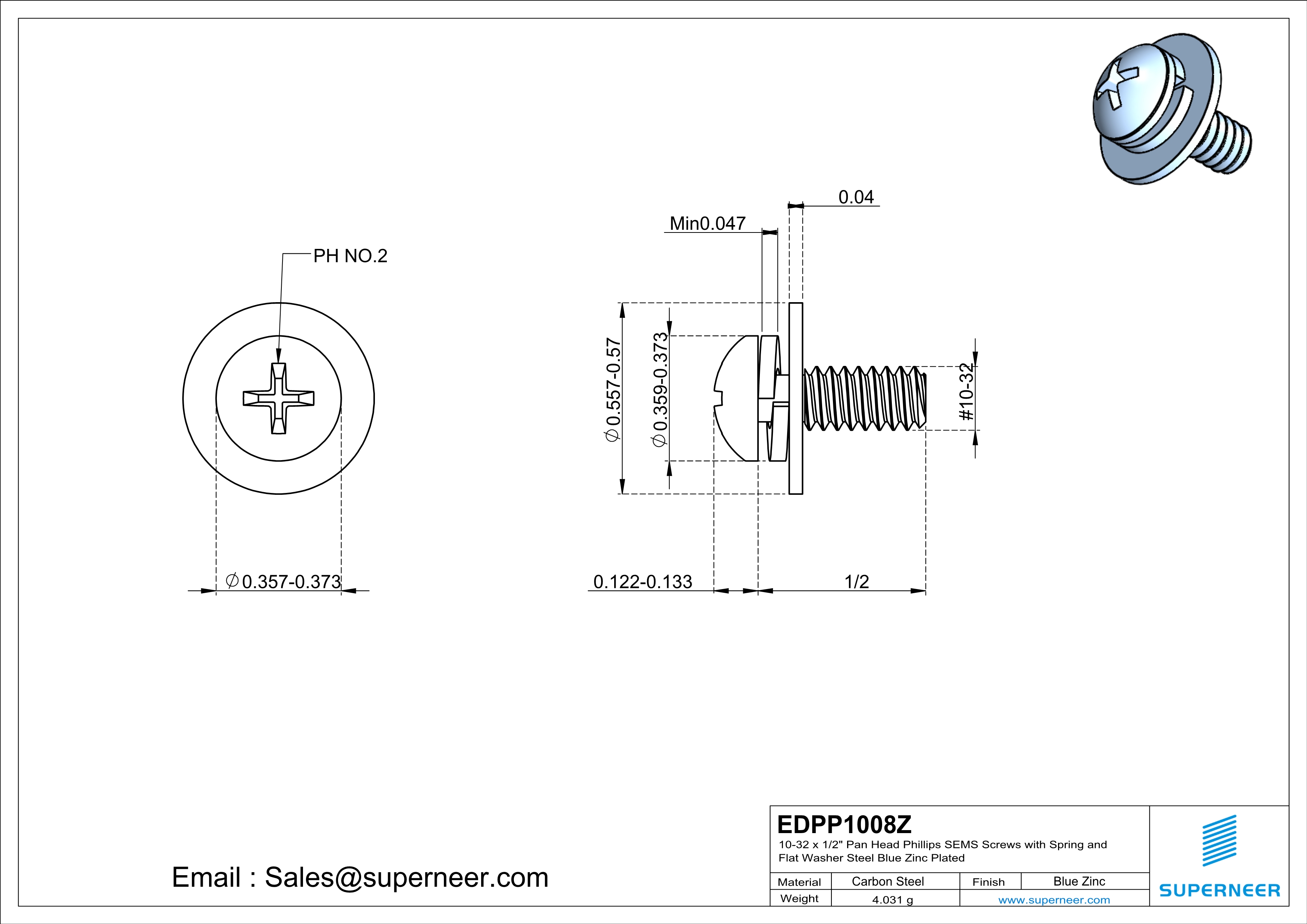10-32 x 7/16" Pan Head Phillips SEMS Screws with Spring and Flat Washer Steel Blue Zinc Plated