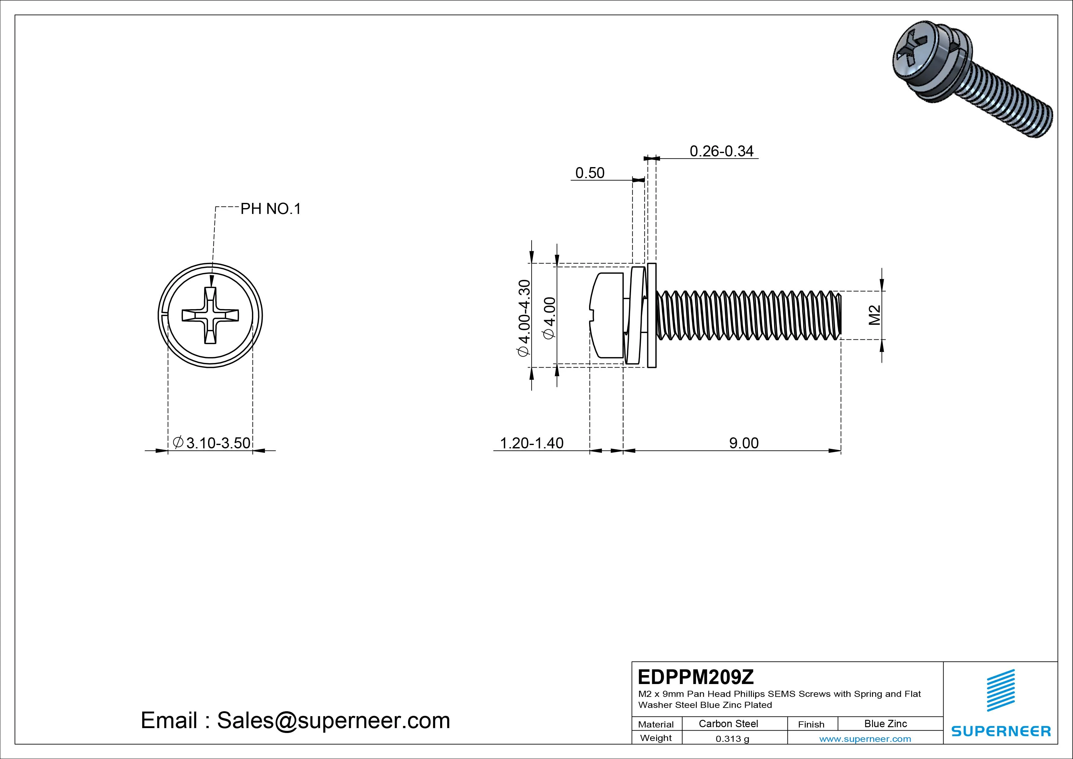 M2 x 9mm Pan Head Phillips SEMS Screws with Spring and Flat Washer Steel Blue Zinc Plated