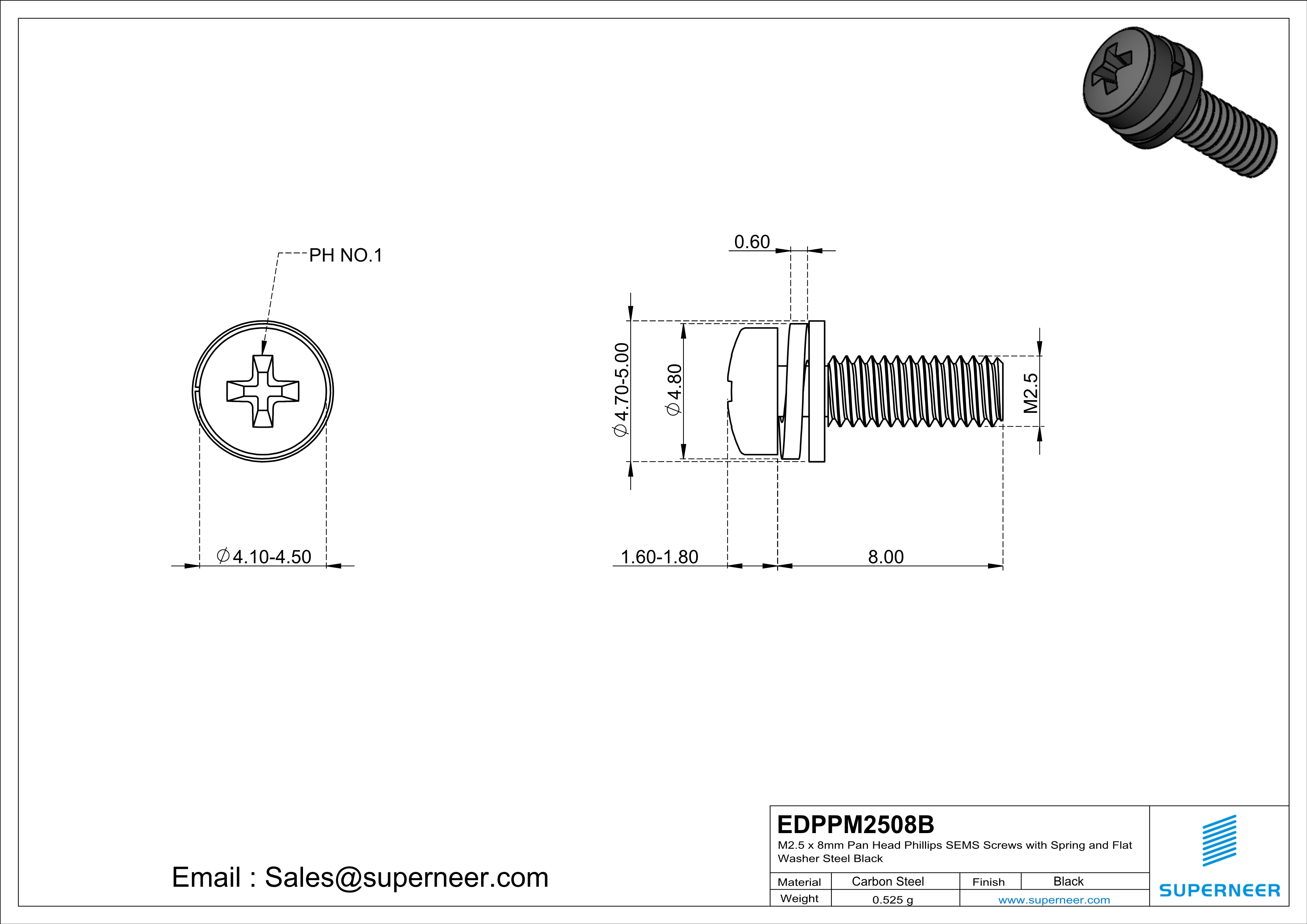 M2.5 x 8mm Pan Head Phillips SEMS Screws with Spring and Flat Washer Steel Black