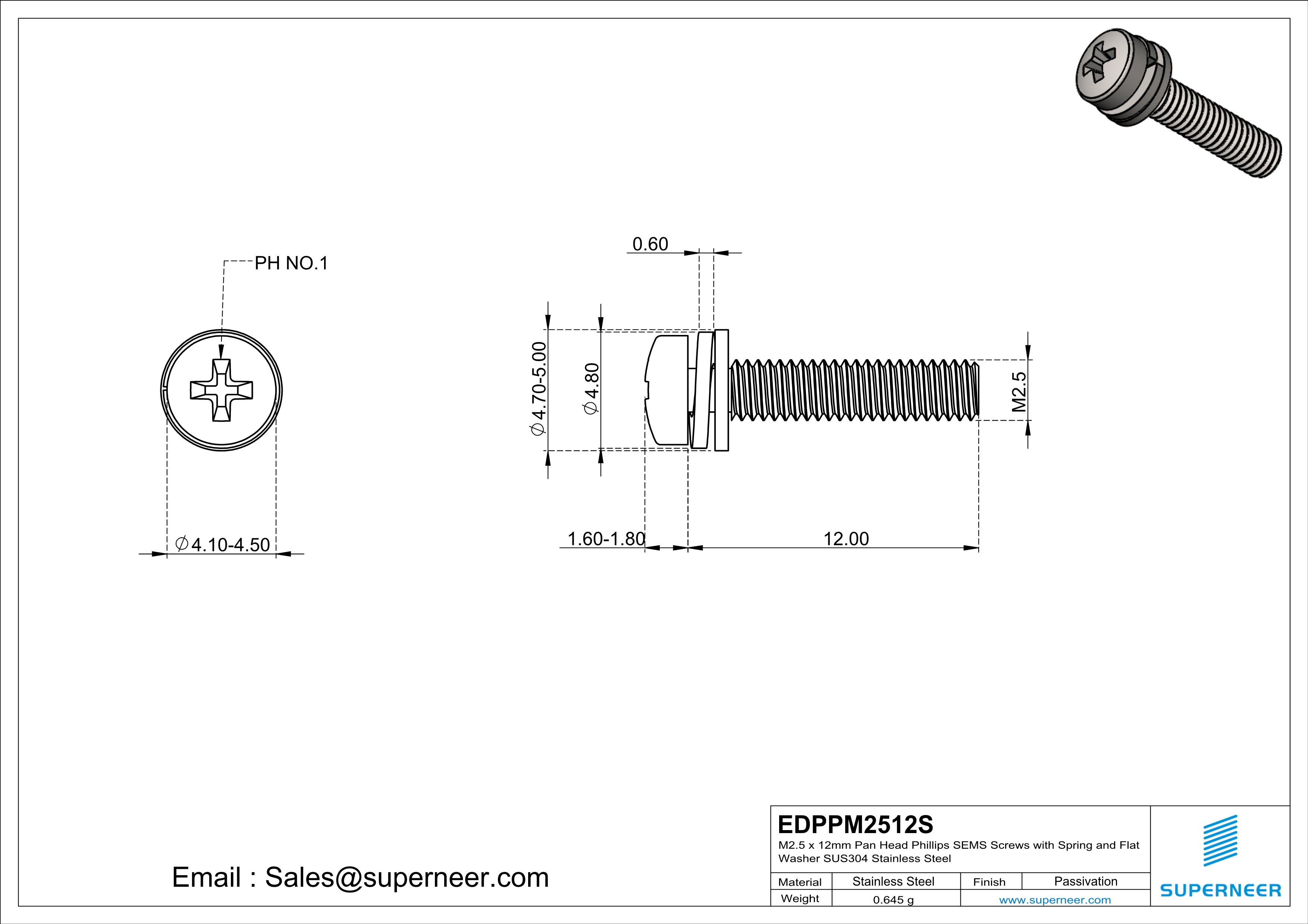 M2.5 x 12mm Pan Head Phillips SEMS Screws with Spring and Flat Washer SUS304 Stainless Steel Inox