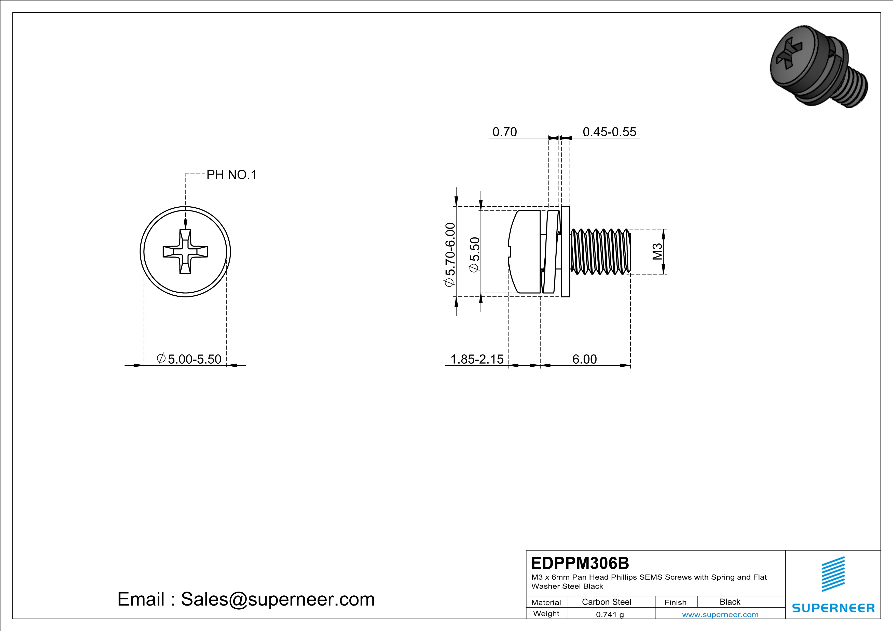 M3 x 6mm Pan Head Phillips SEMS Screws with Spring and Flat Washer Steel Black