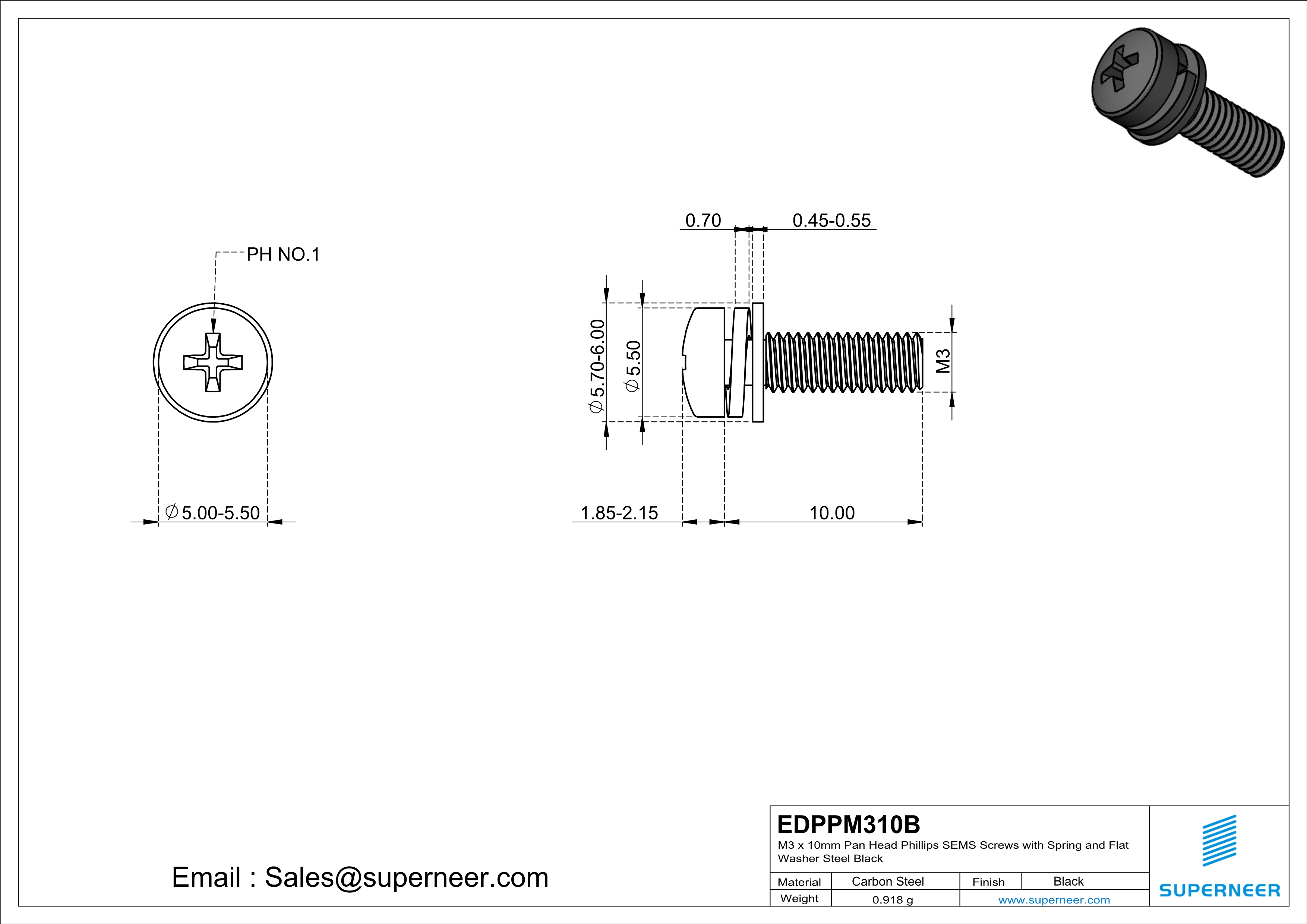 M3 x 10mm Pan Head Phillips SEMS Screws with Spring and Flat Washer Steel Black