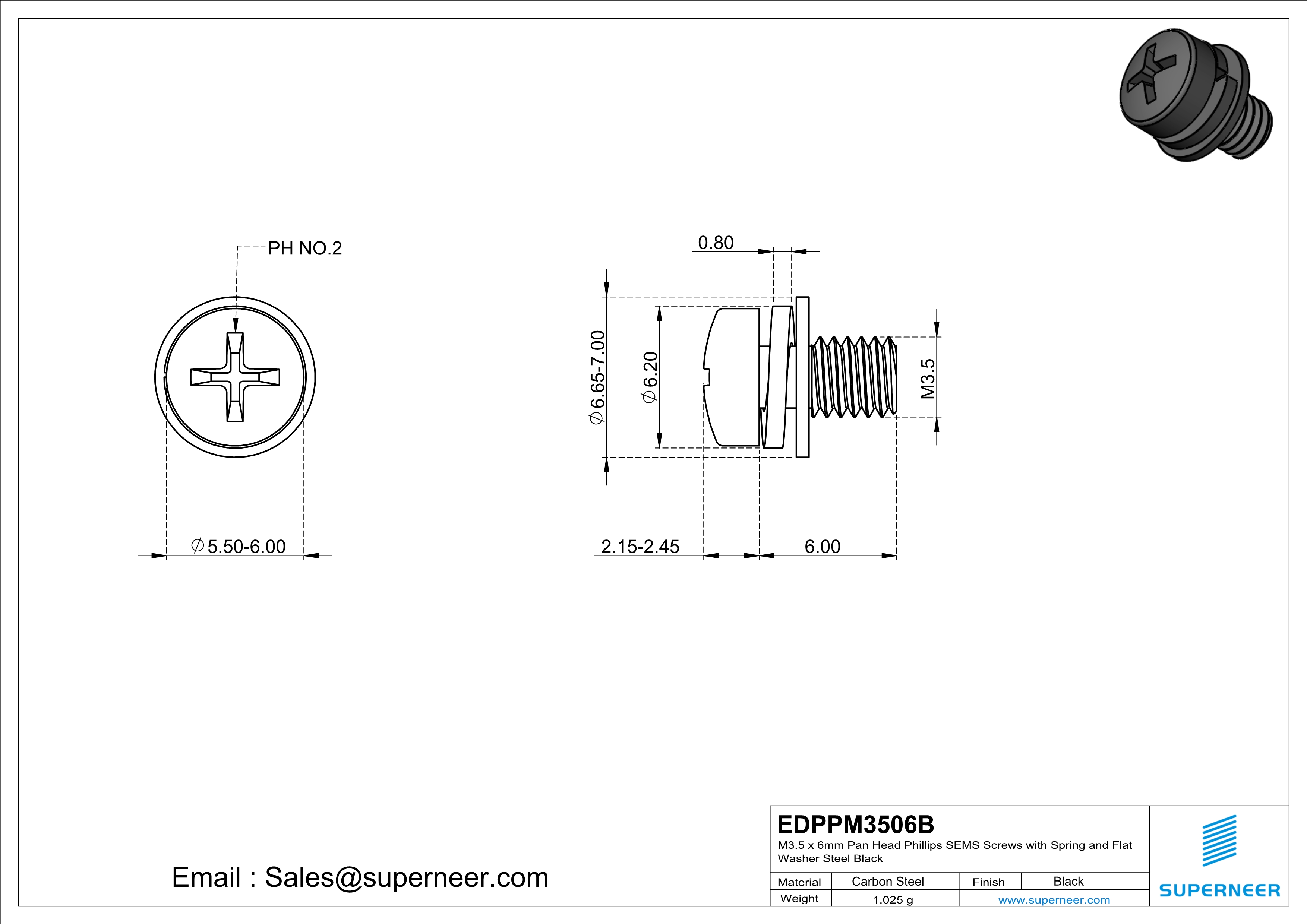 M3.5 x 6mm Pan Head Phillips SEMS Screws with Spring and Flat Washer Steel Black