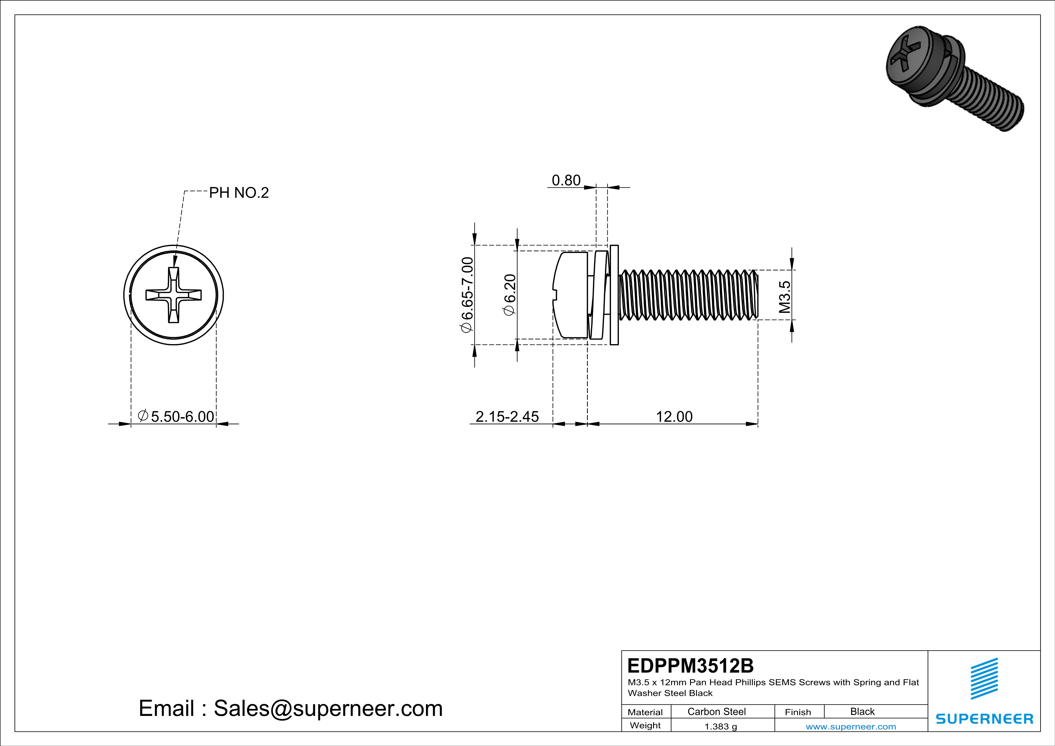 M3.5 x 12mm Pan Head Phillips SEMS Screws with Spring and Flat Washer Steel Black