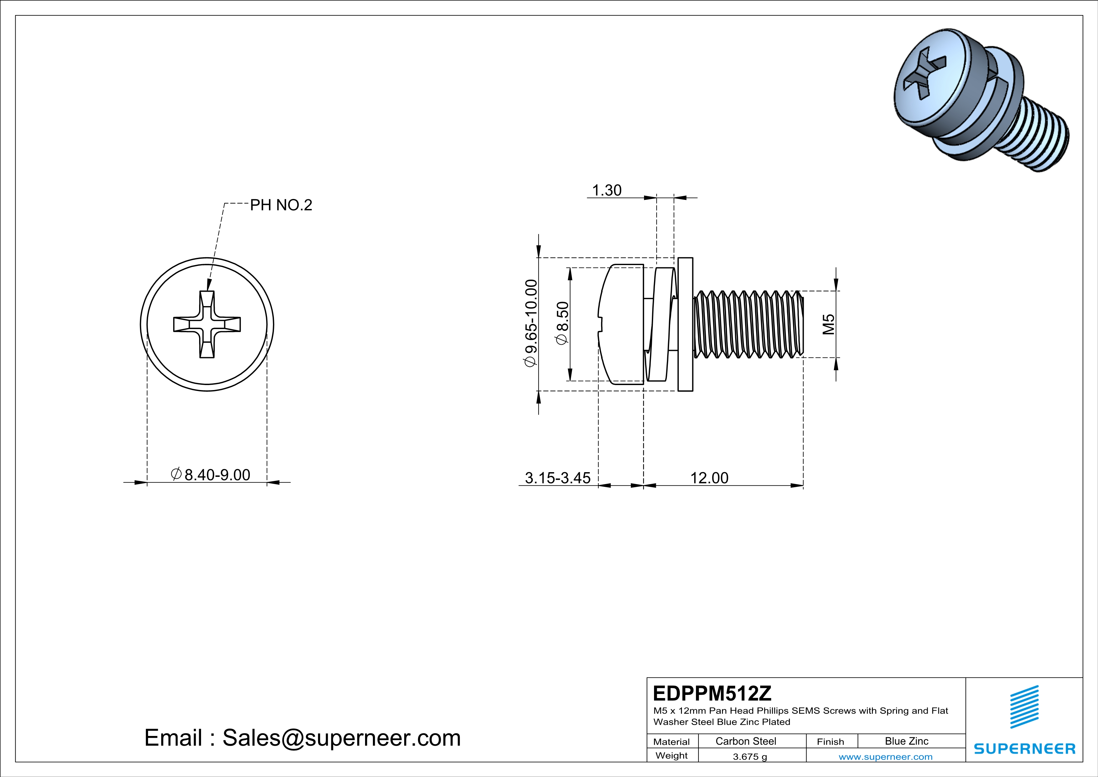 M5 x 12mm Pan Head Phillips SEMS Screws with Spring and Flat Washer Steel Blue Zinc Plated
