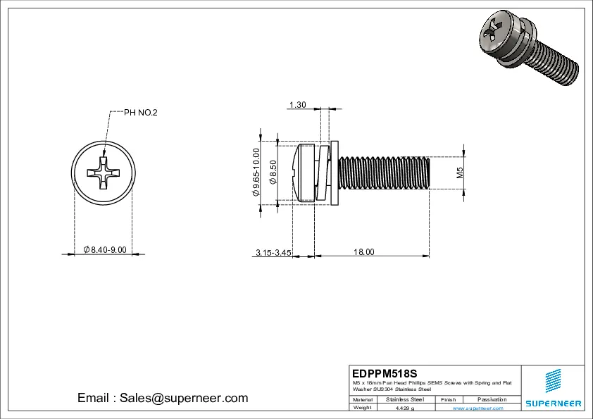 M5 x 18mm Pan Head Phillips SEMS Screws with Spring and Flat Washer SUS304 Stainless Steel Inox