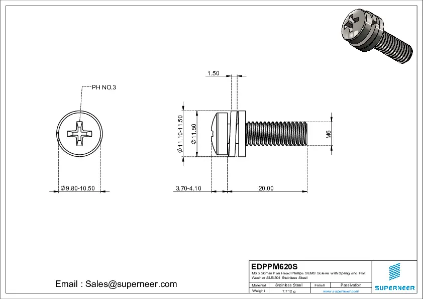 M6 x 20mm Pan Head Phillips SEMS Screws with Spring and Flat Washer SUS304 Stainless Steel Inox