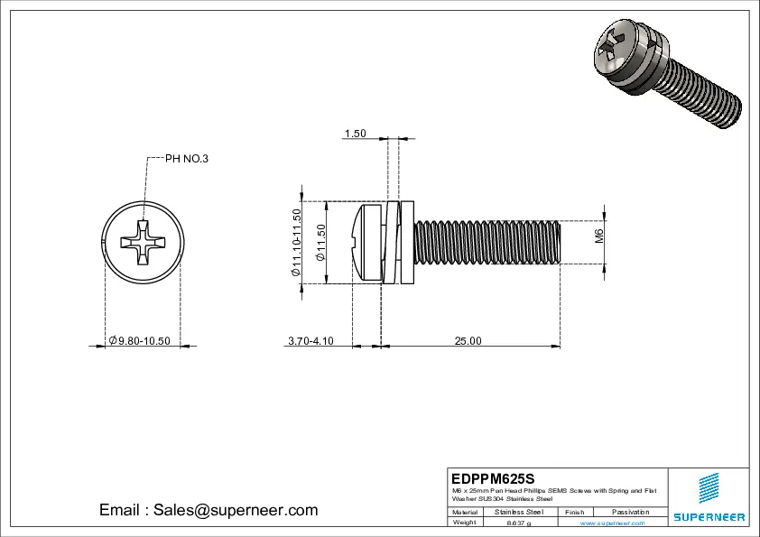 M6 x 25mm Pan Head Phillips SEMS Screws with Spring and Flat Washer SUS304 Stainless Steel Inox