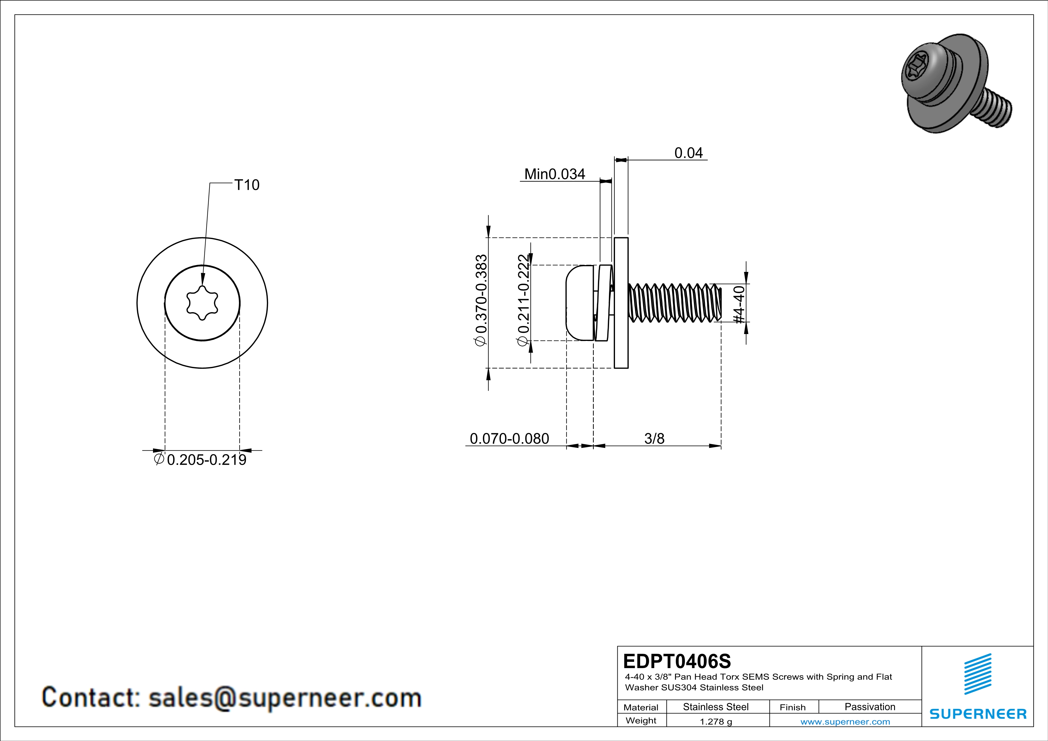 4-40 x 3/8" Pan Head Torx SEMS Screws with Spring and Flat Washer SUS304 Stainless Steel Inox