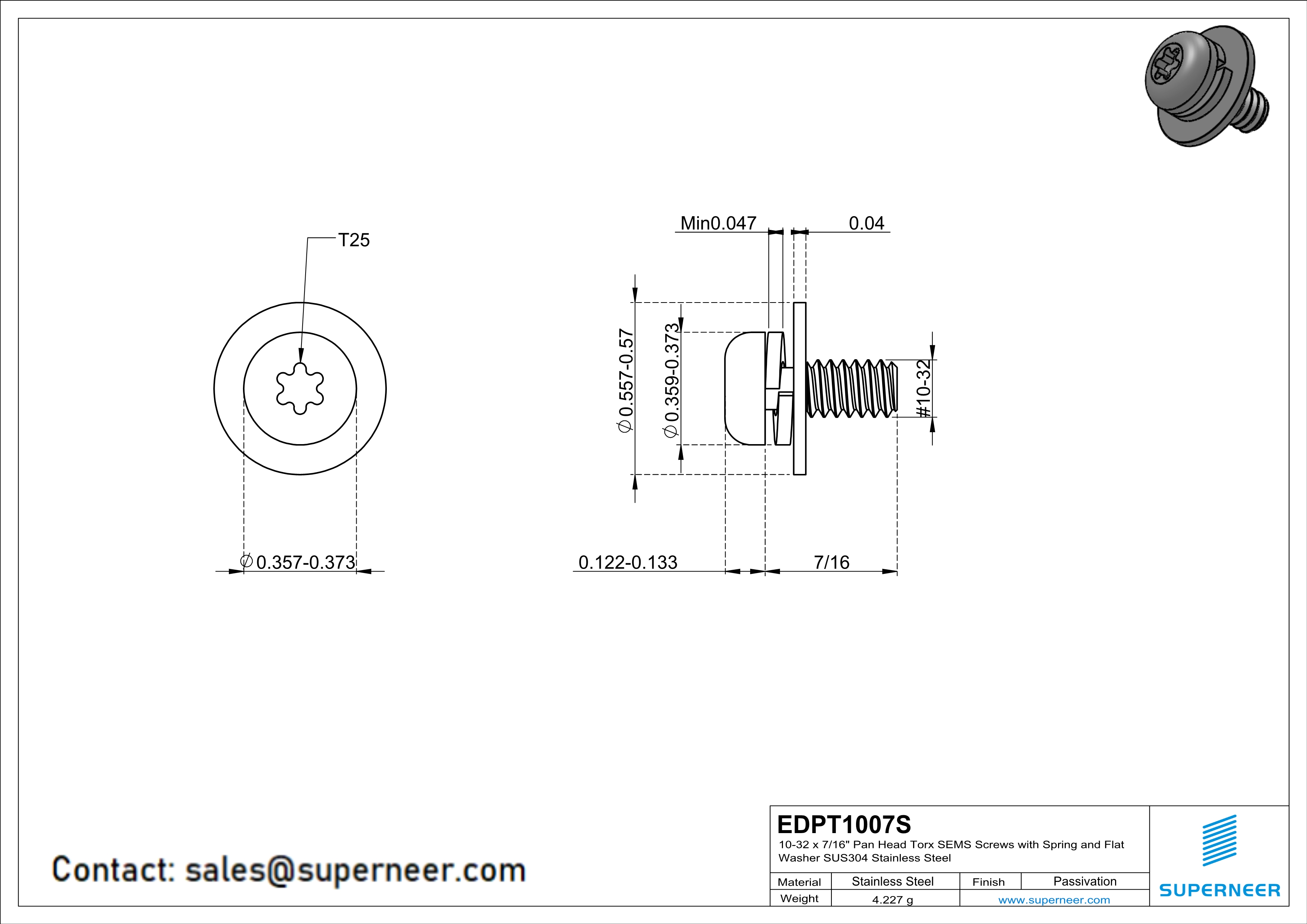 10-32 x 7/16" Pan Head Torx SEMS Screws with Spring and Flat Washer SUS304 Stainless Steel Inox