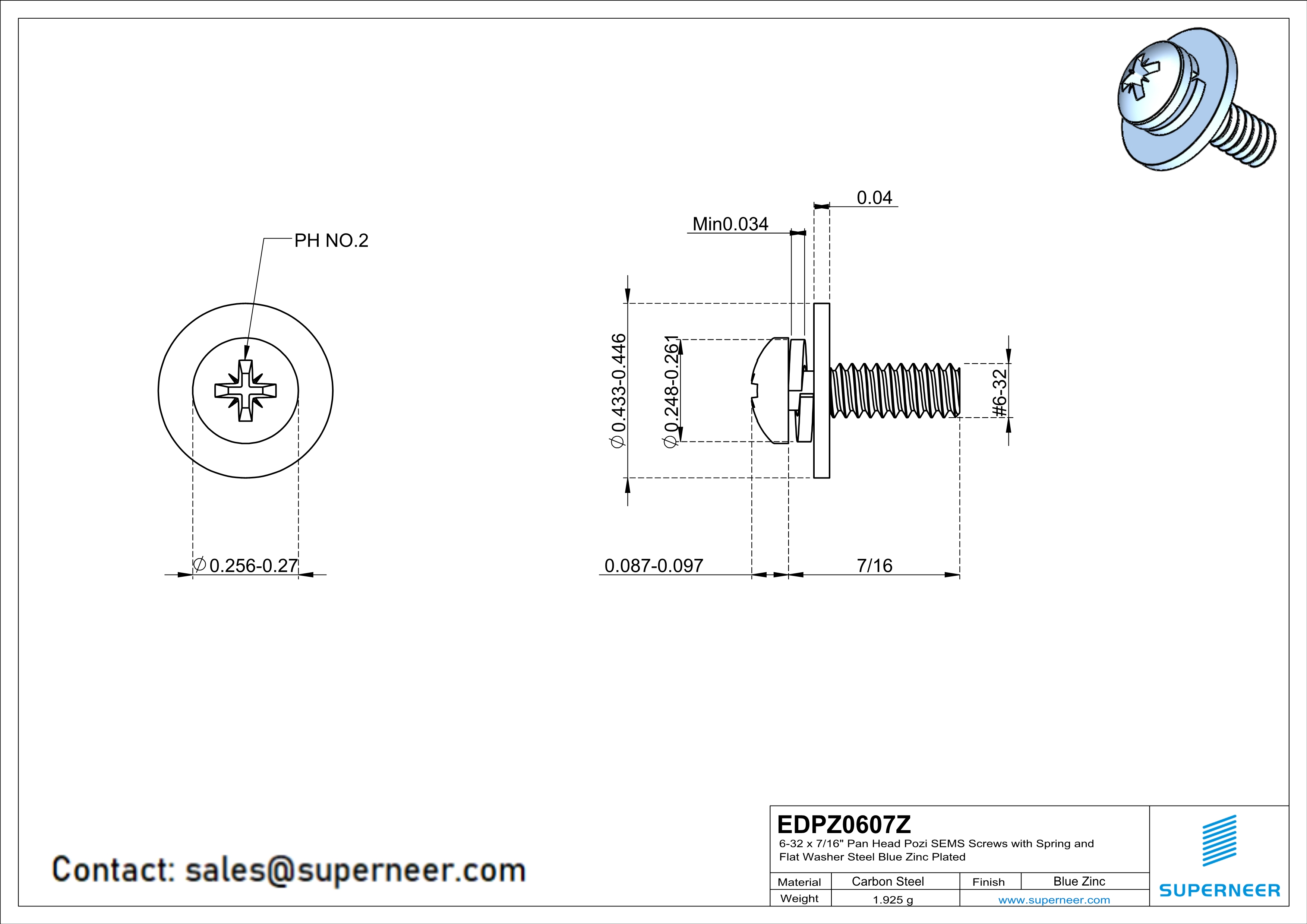6-32 x 7/16" Pan Head Pozi SEMS Screws with Spring and Flat Washer Steel Blue Zinc Plated