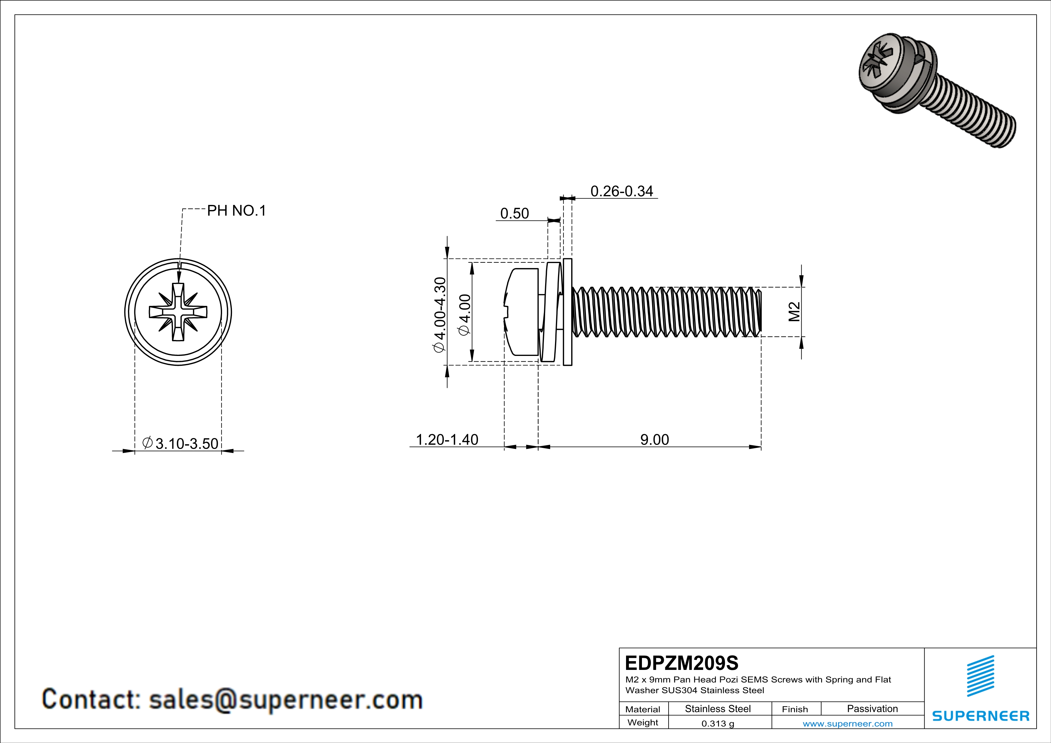 M2 x 9mm Pan Head Pozi SEMS Screws with Spring and Flat Washer SUS304 Stainless Steel Inox