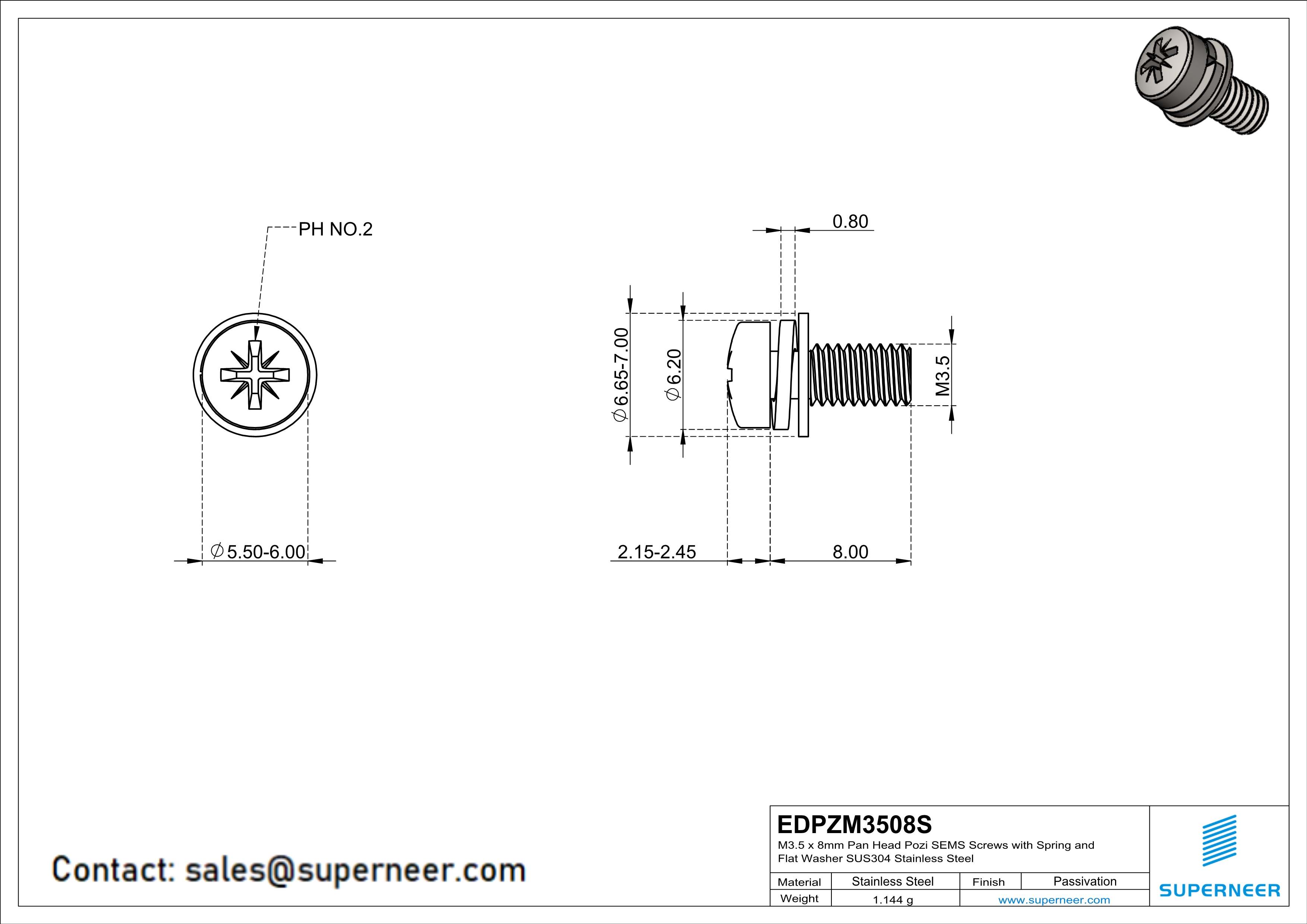 M3.5 x 8mm Pan Head Pozi SEMS Screws with Spring and Flat Washer SUS304 Stainless Steel Inox