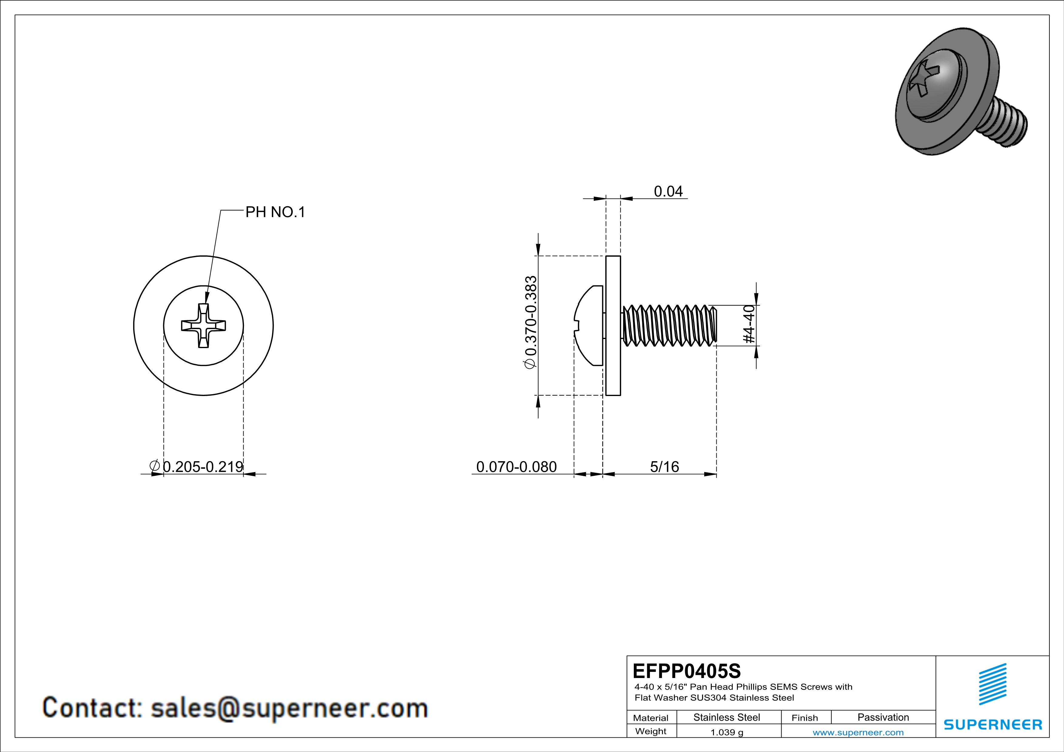 4-40 x 5/16" Pan Head Phillips SEMS Screws with Flat Washer SUS304 Stainless Steel Inox