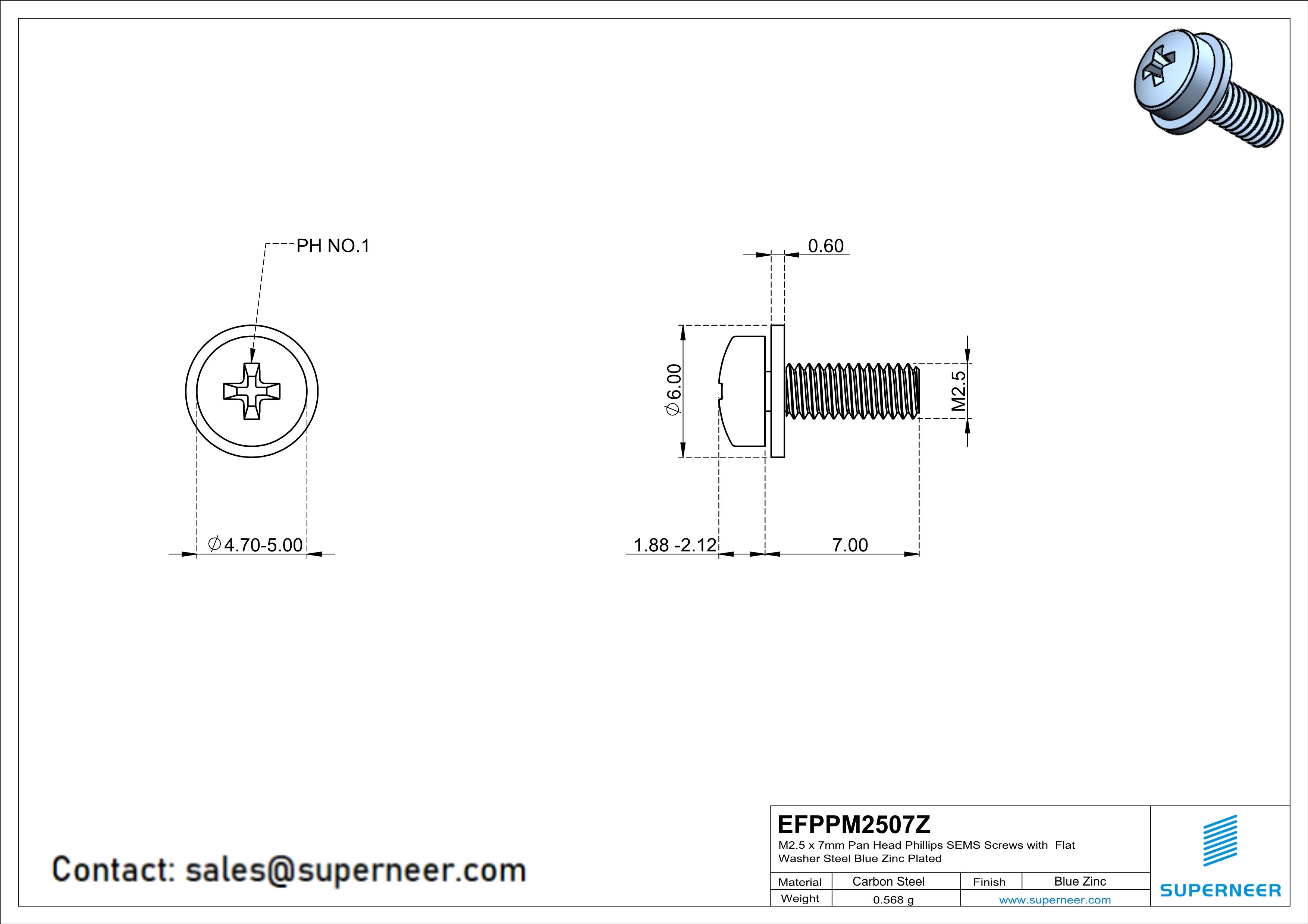 M2.5 x 7mm Pan Head Phillips SEMS Screws with Flat Washer Steel Blue Zinc Plated