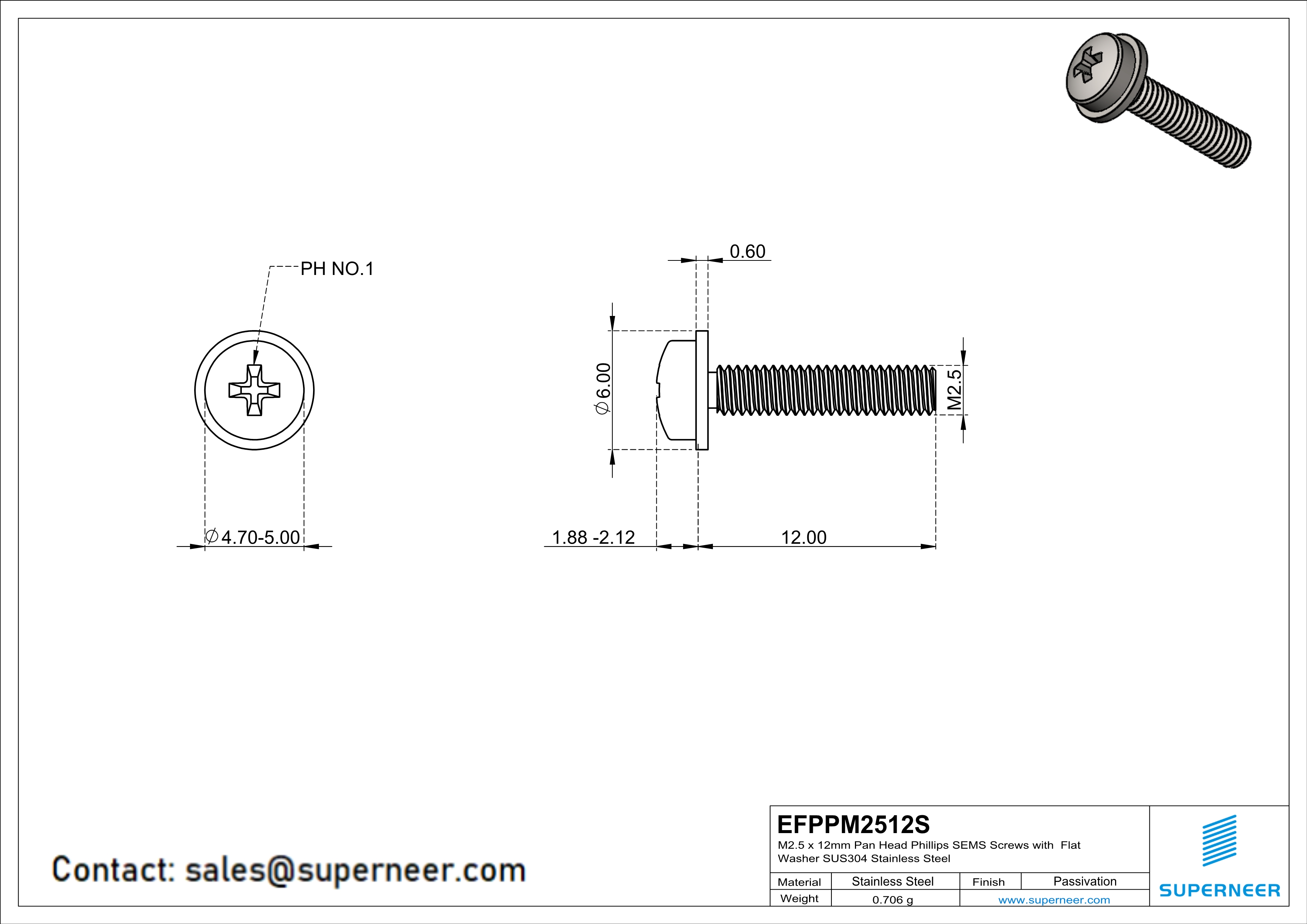 M2.5 x 12mm Pan Head Phillips SEMS Screws with Flat Washer SUS304 Stainless Steel Inox