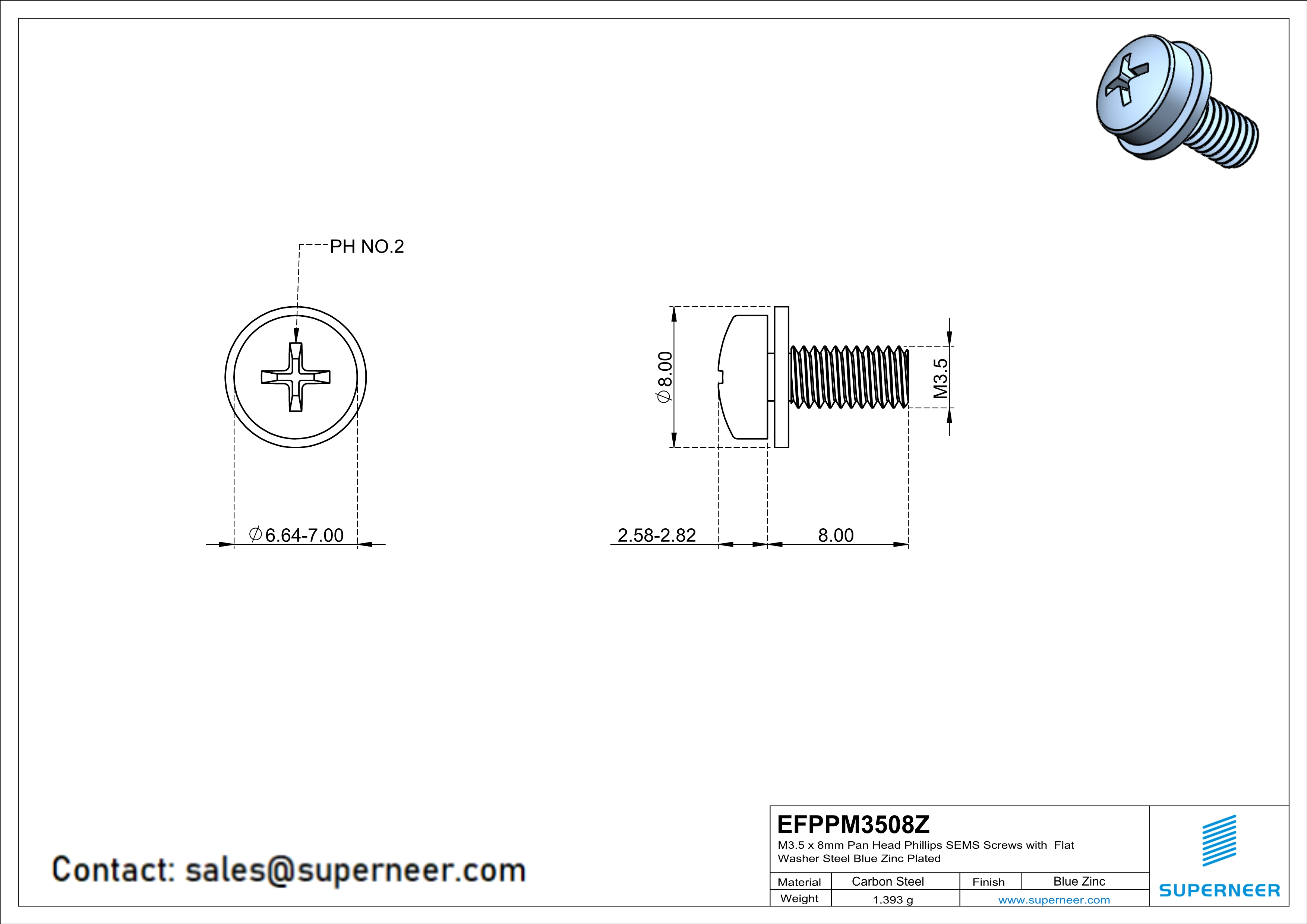 M3.5 x 8mm Pan Head Phillips SEMS Screws with Flat Washer Steel Blue Zinc Plated