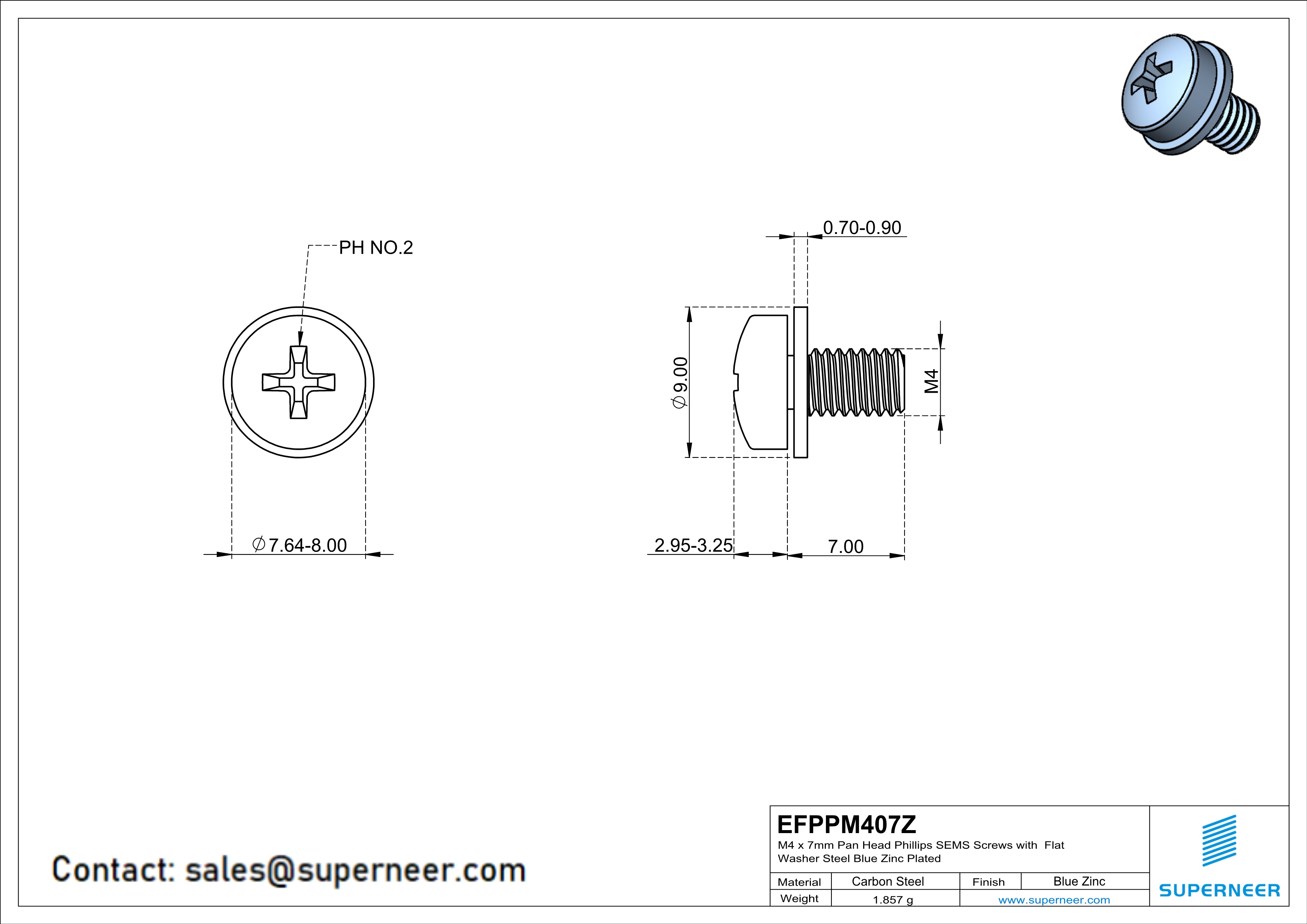 M4 x 7mm Pan Head Phillips SEMS Screws with Flat Washer Steel Blue Zinc Plated