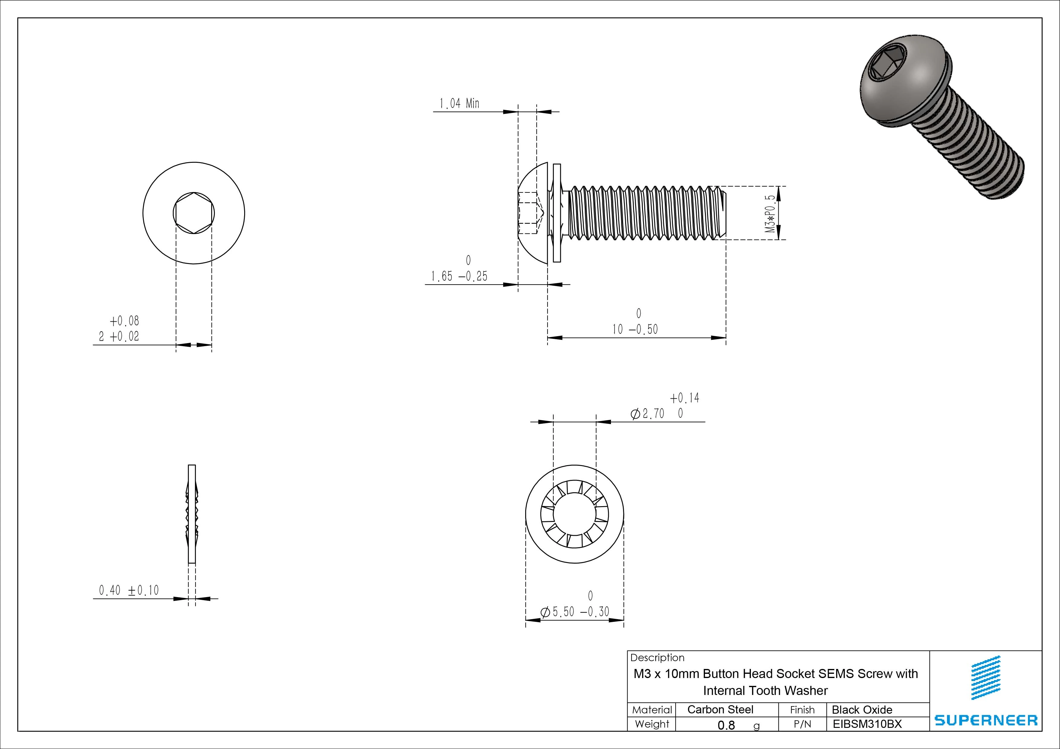 M3 x 10 mm Button Head Socket SEMS Screw with Internal Tooth Washer Steel Black Oxide