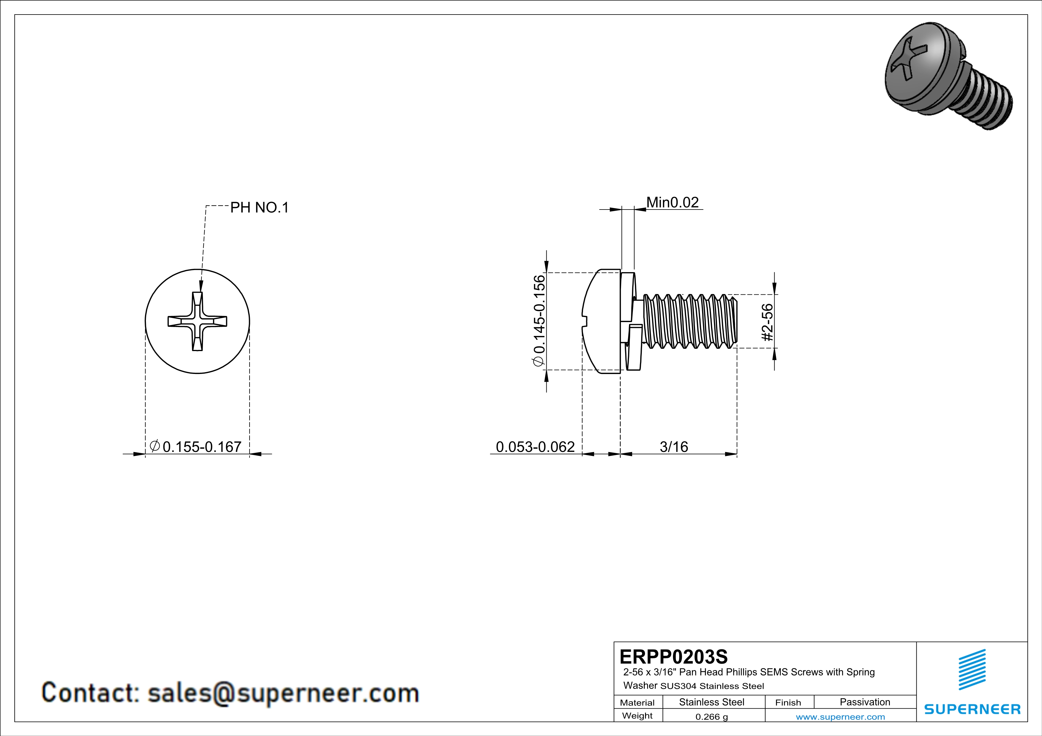 2-56 x 3/16" Pan Head Phillips SEMS Screws with Spring Washer SUS304 Stainless Steel Inox