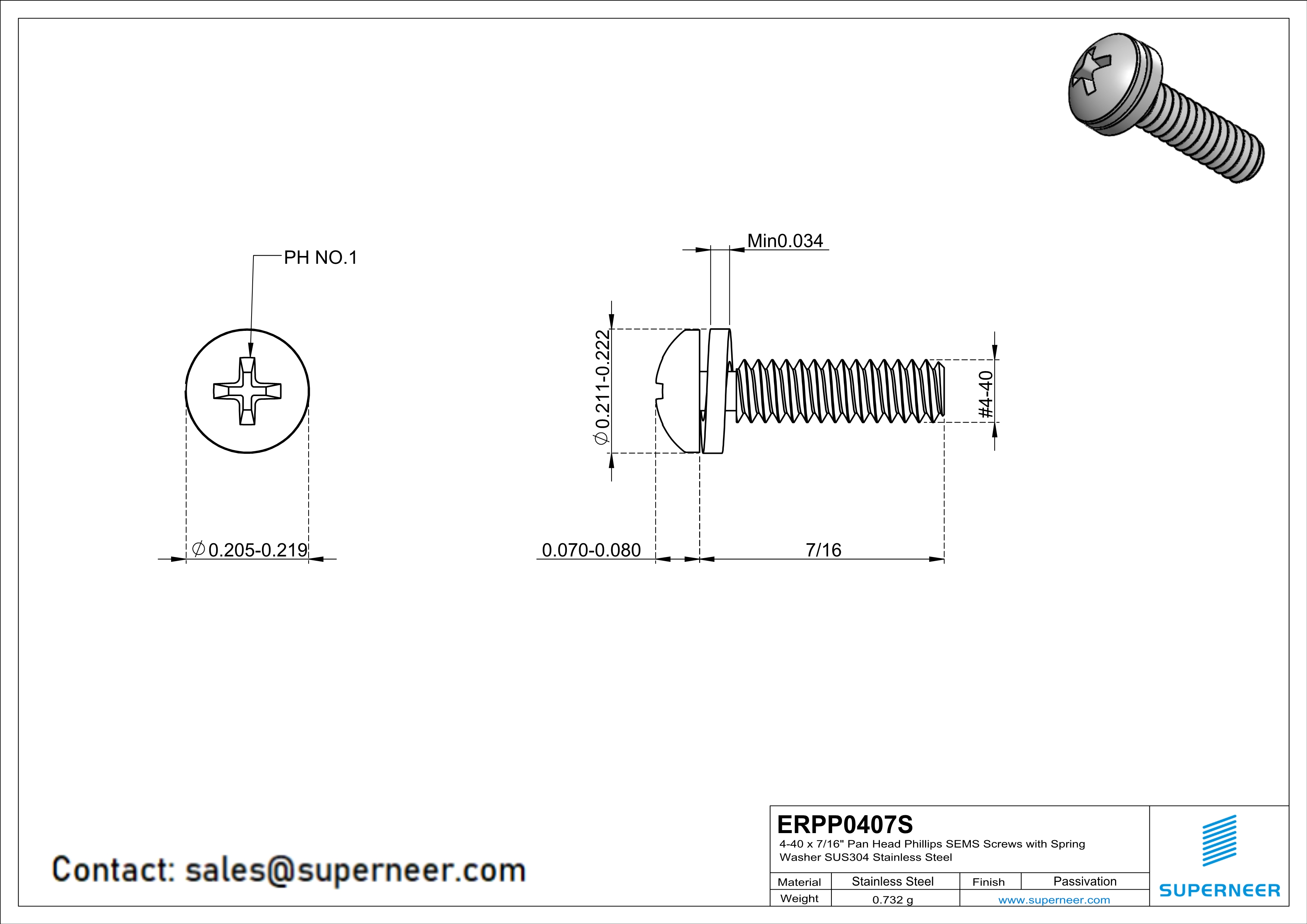 4-40 x 7/16" Pan Head Phillips SEMS Screws with Spring Washer SUS304 Stainless Steel Inox