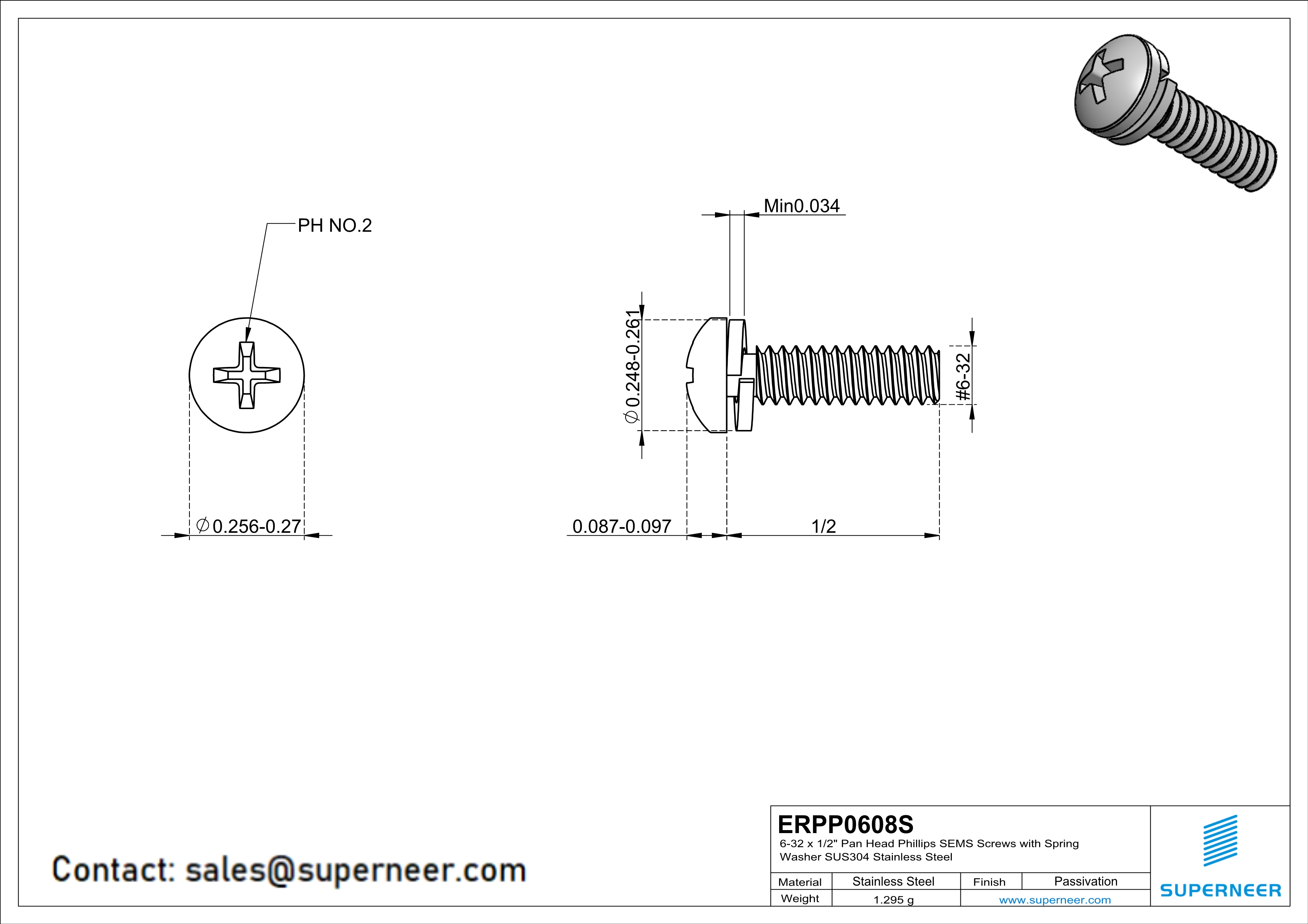 6-32 x 1/2" Pan Head Phillips SEMS Screws with Spring Washer SUS304 Stainless Steel Inox