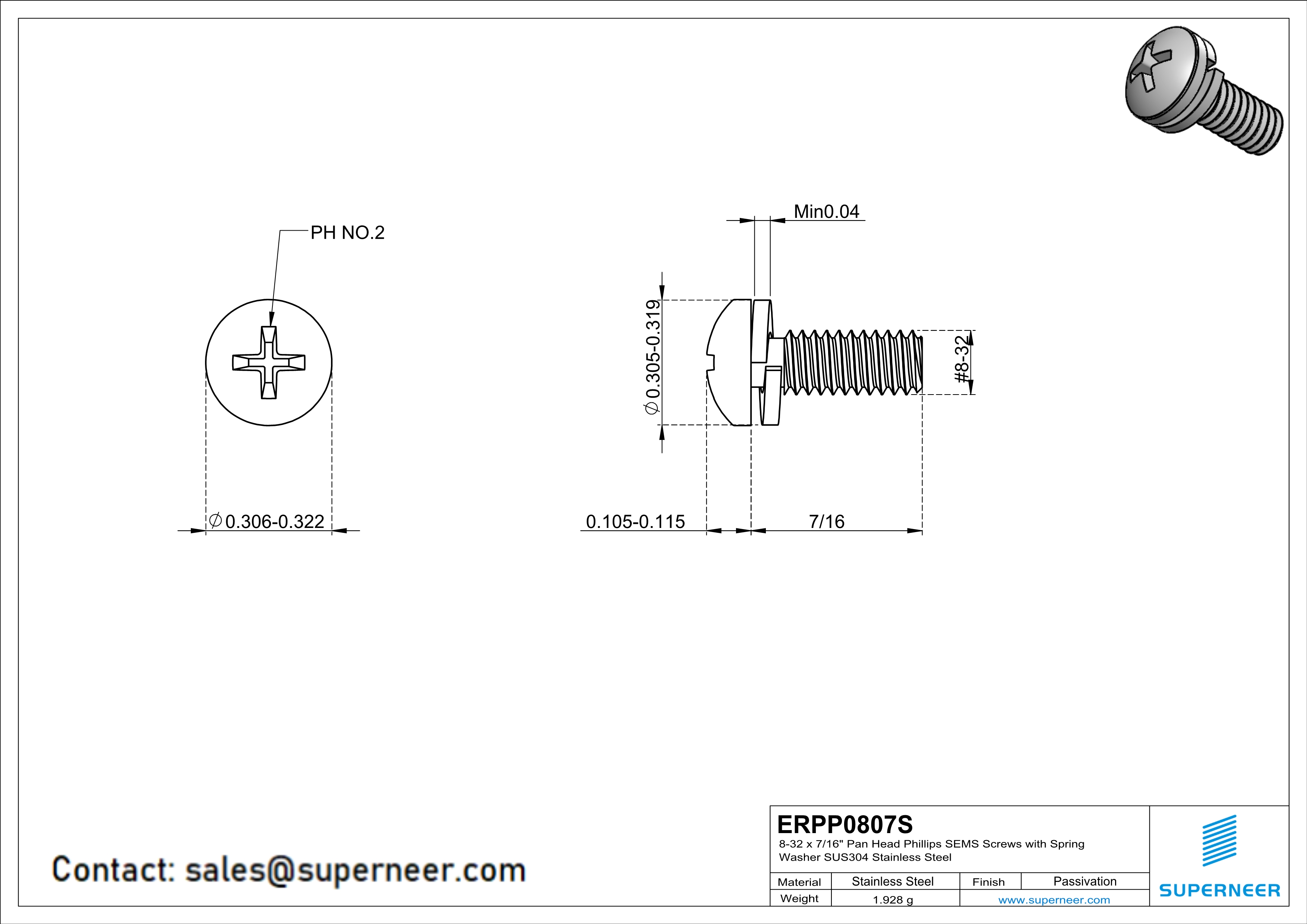 8-32 x 7/16" Pan Head Phillips SEMS Screws with Spring Washer SUS304 Stainless Steel Inox