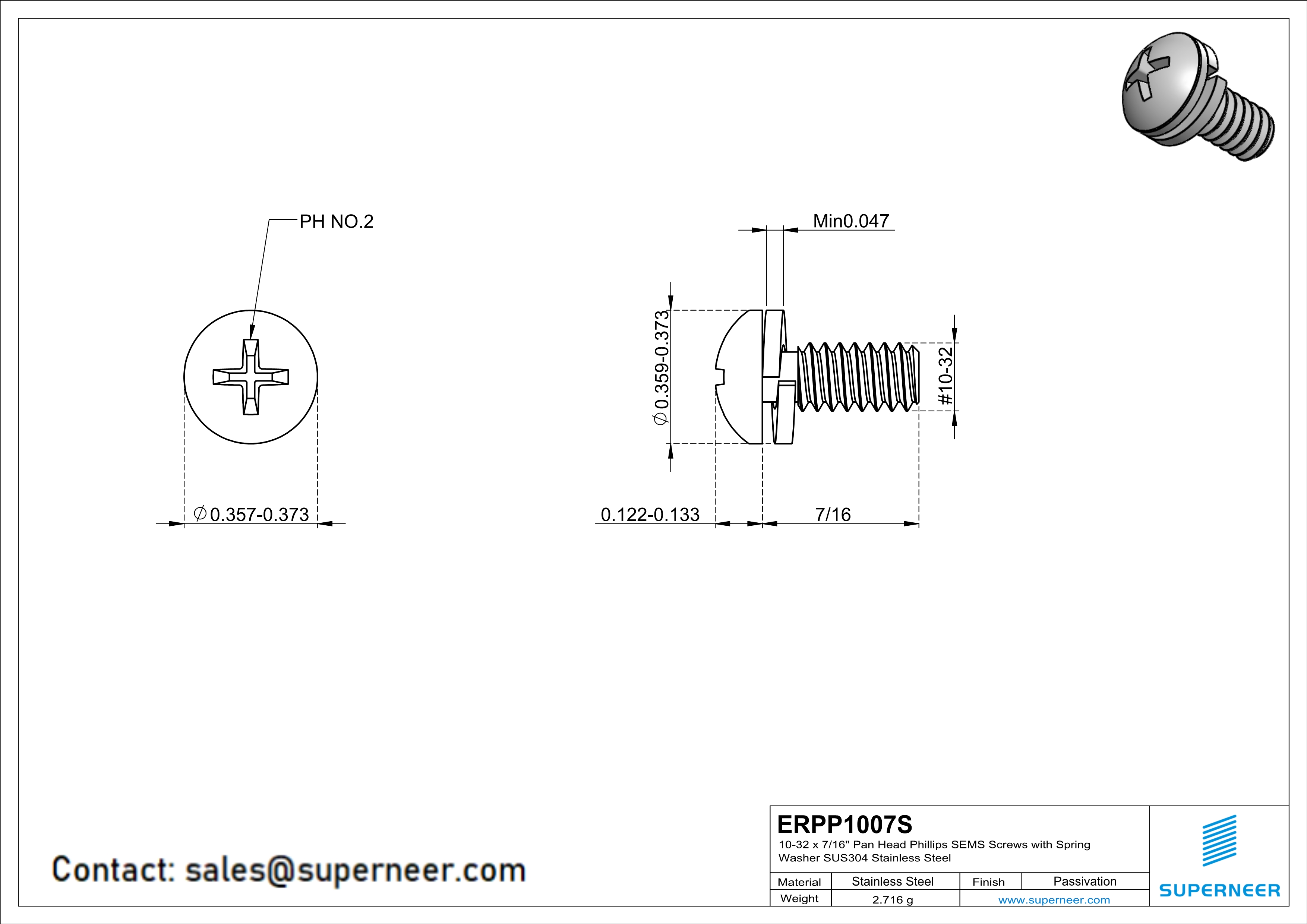 10-32 x 7/16" Pan Head Phillips SEMS Screws with Spring Washer SUS304 Stainless Steel Inox