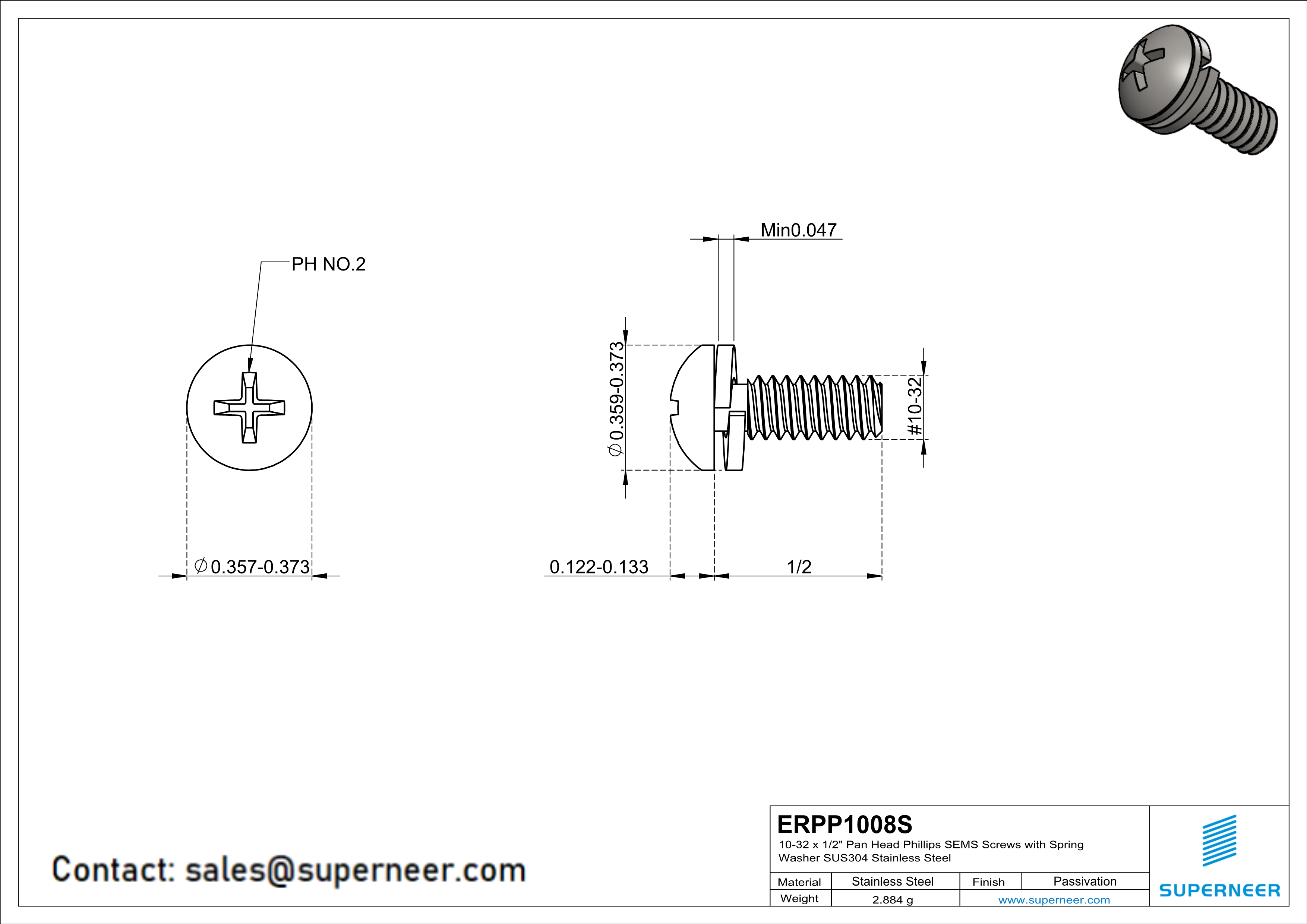 10-32 x 1/2" Pan Head Phillips SEMS Screws with Spring Washer SUS304 Stainless Steel Inox