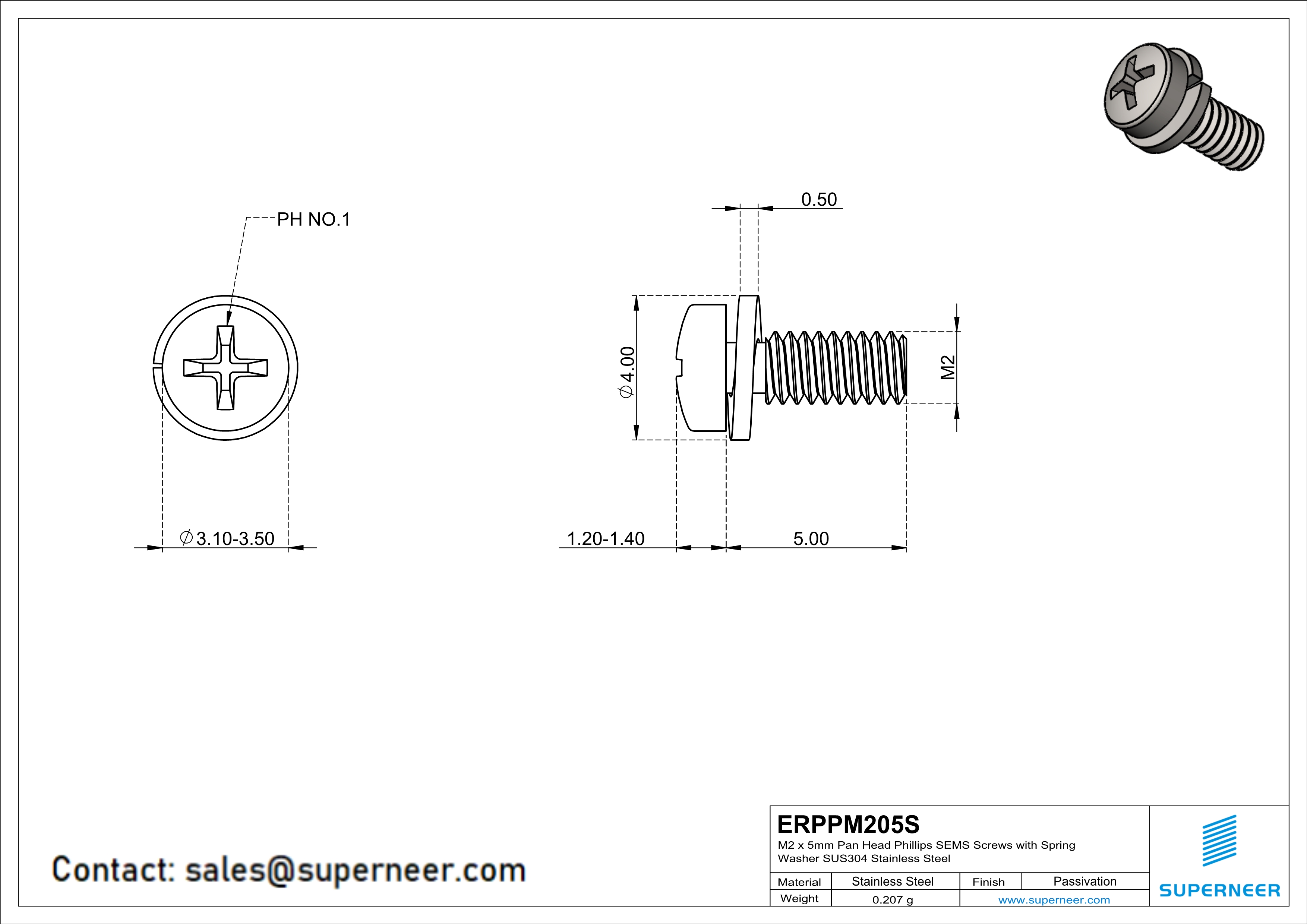 M2 x 5mm Pan Head Phillips SEMS Screws with Spring Washer SUS304 Stainless Steel Inox