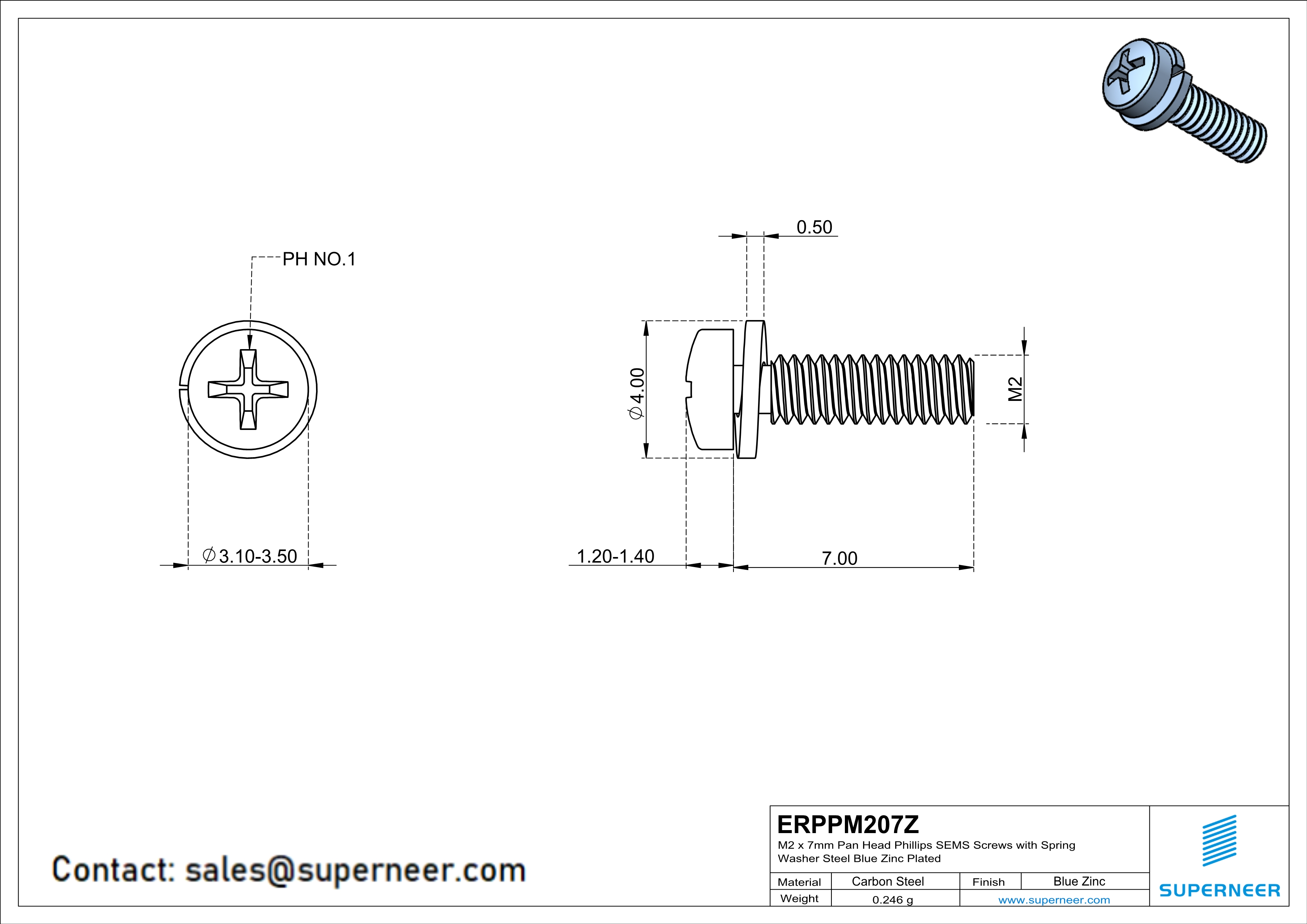 M2 x 7mm Pan Head Phillips SEMS Screws with Spring Washer Steel Blue Zinc Plated