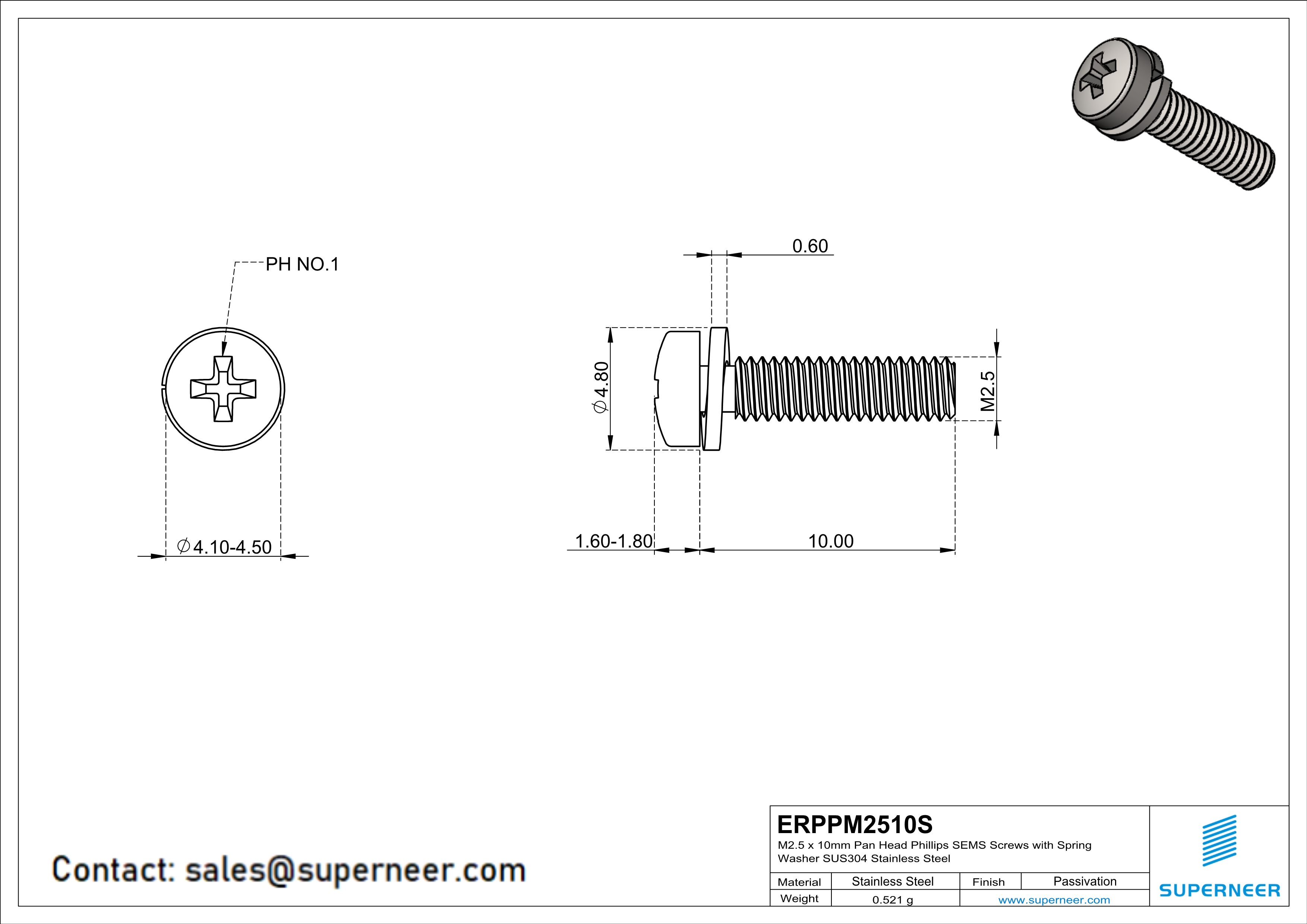 M2.5 x 10mm Pan Head Phillips SEMS Screws with Spring Washer SUS304 Stainless Steel Inox
