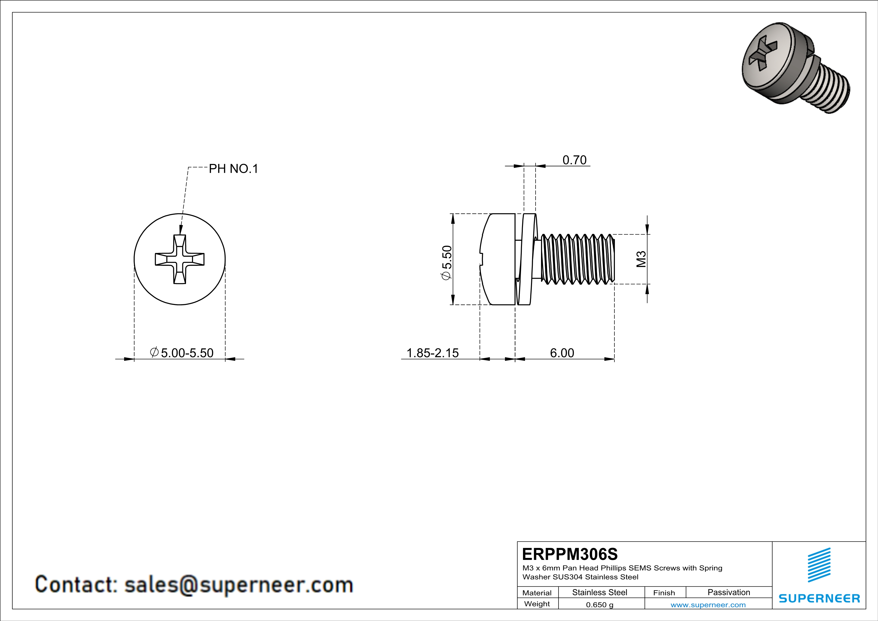 M3 x 6mm Pan Head Phillips SEMS Screws with Spring Washer SUS304 Stainless Steel Inox