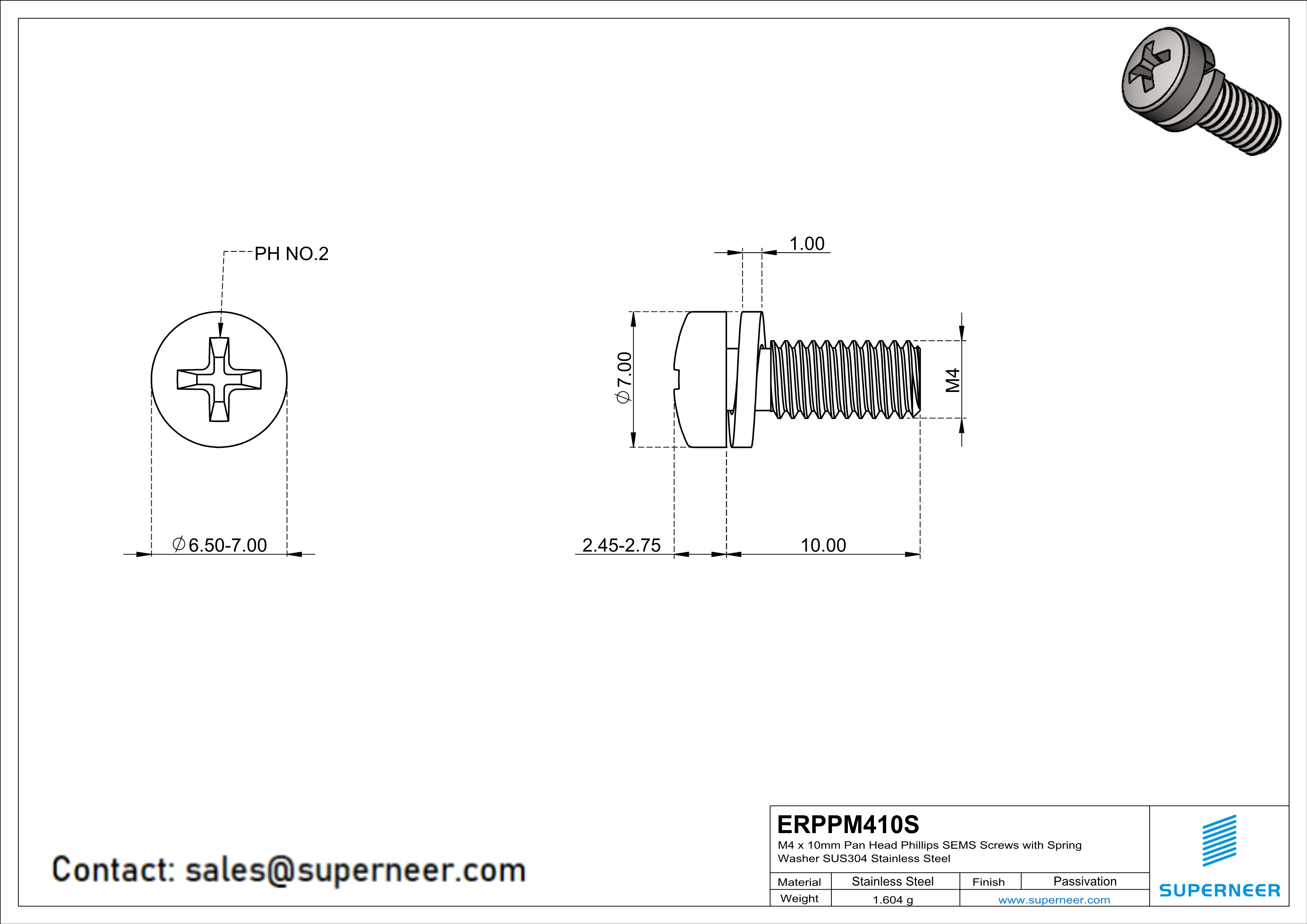 M4 x 10mm Pan Head Phillips SEMS Screws with Spring Washer SUS304 Stainless Steel Inox